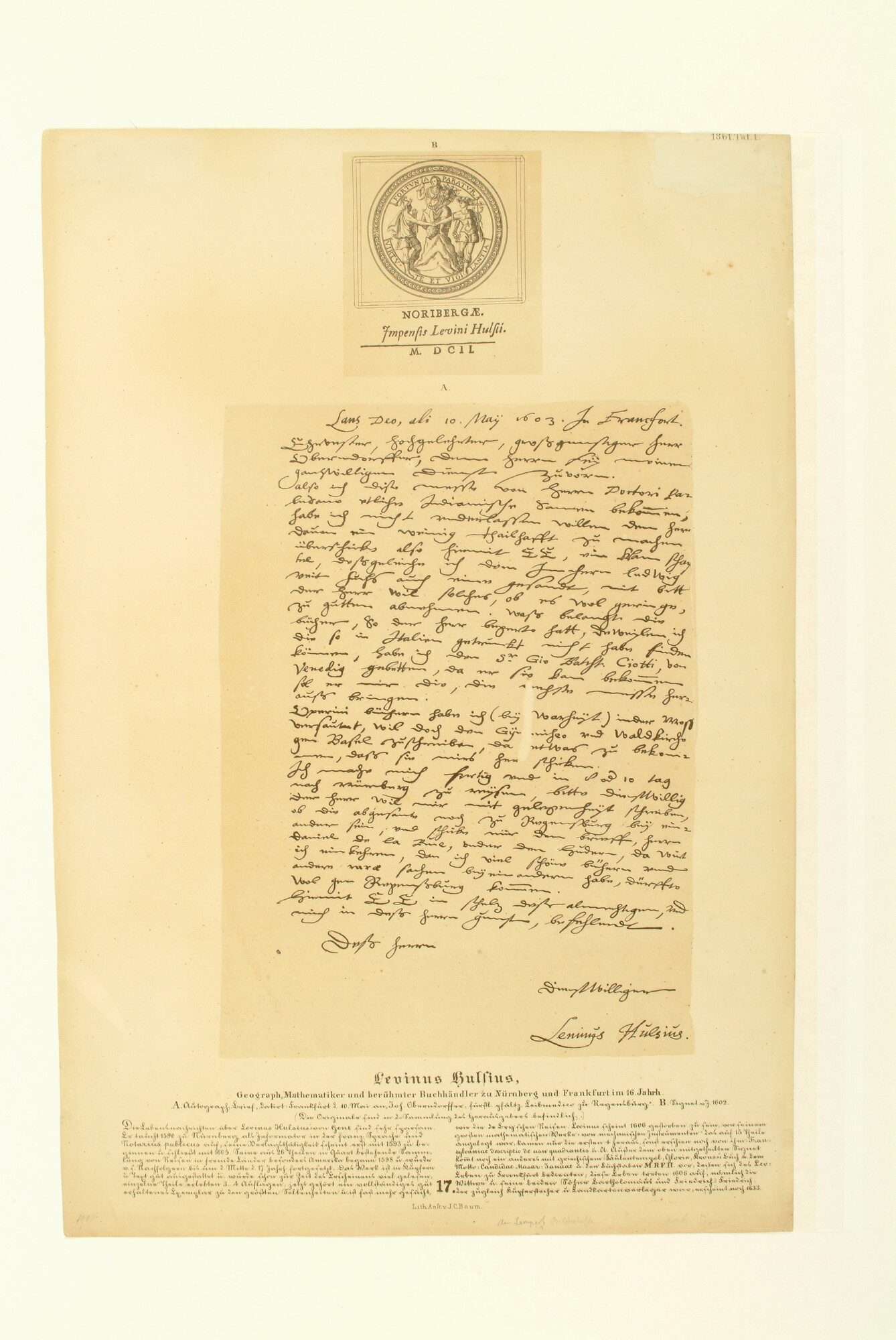 A.0075(127); Bladzijde uit boek met herdruk van een brief van L. Hulsius; handschrift