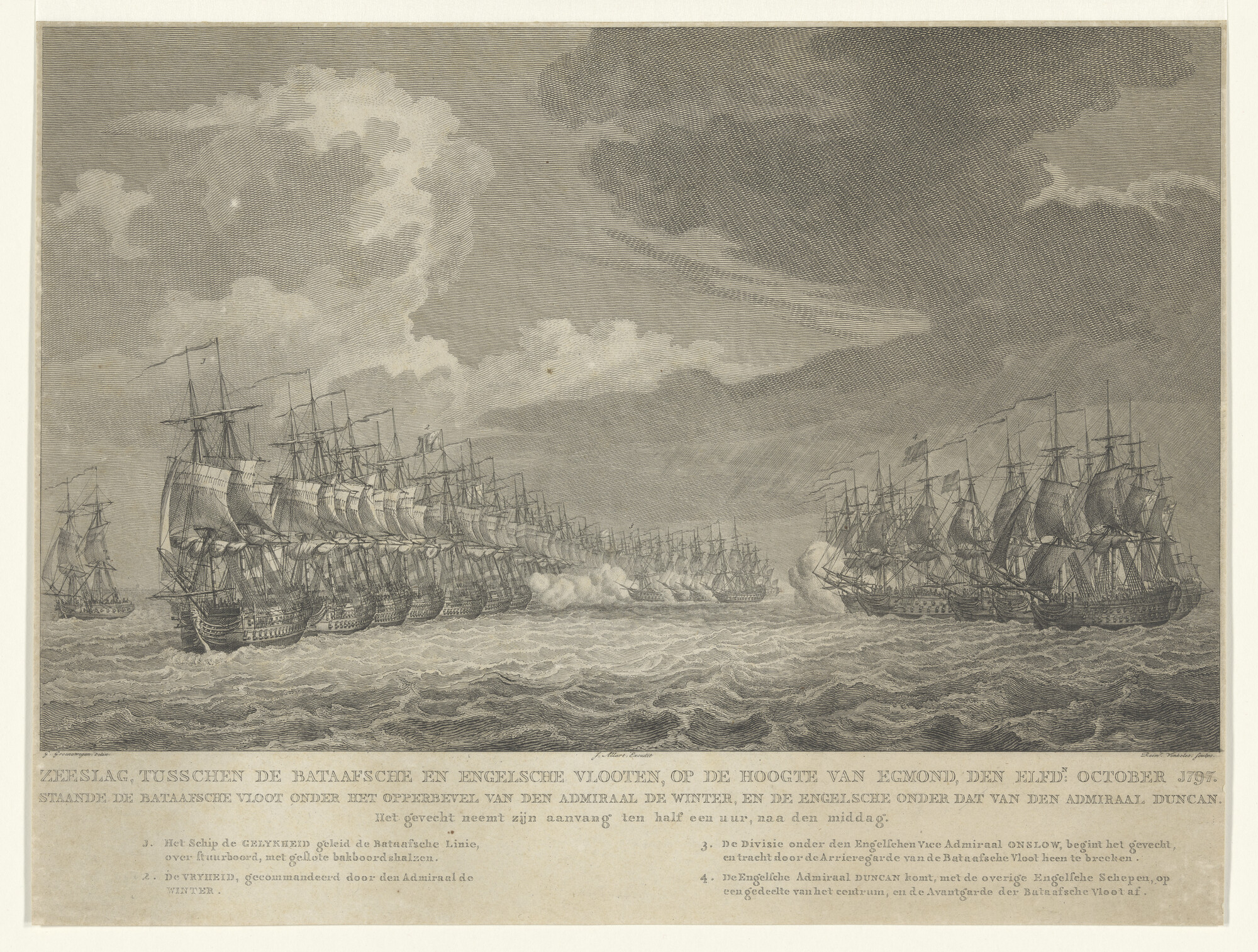 A.0303(04)1; Zeeslag, tusschen de Bataafsche en Engelsche vlooten, op de hoogte van Egmond, den Elfdn: October 1797; prent