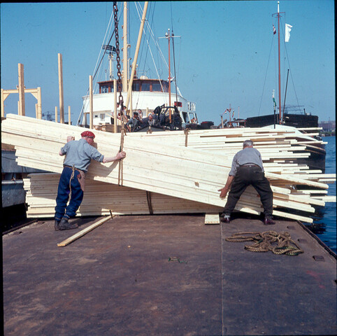 S.9100(0785); Houtoverslag in de haven van Amsterdam; diapositief