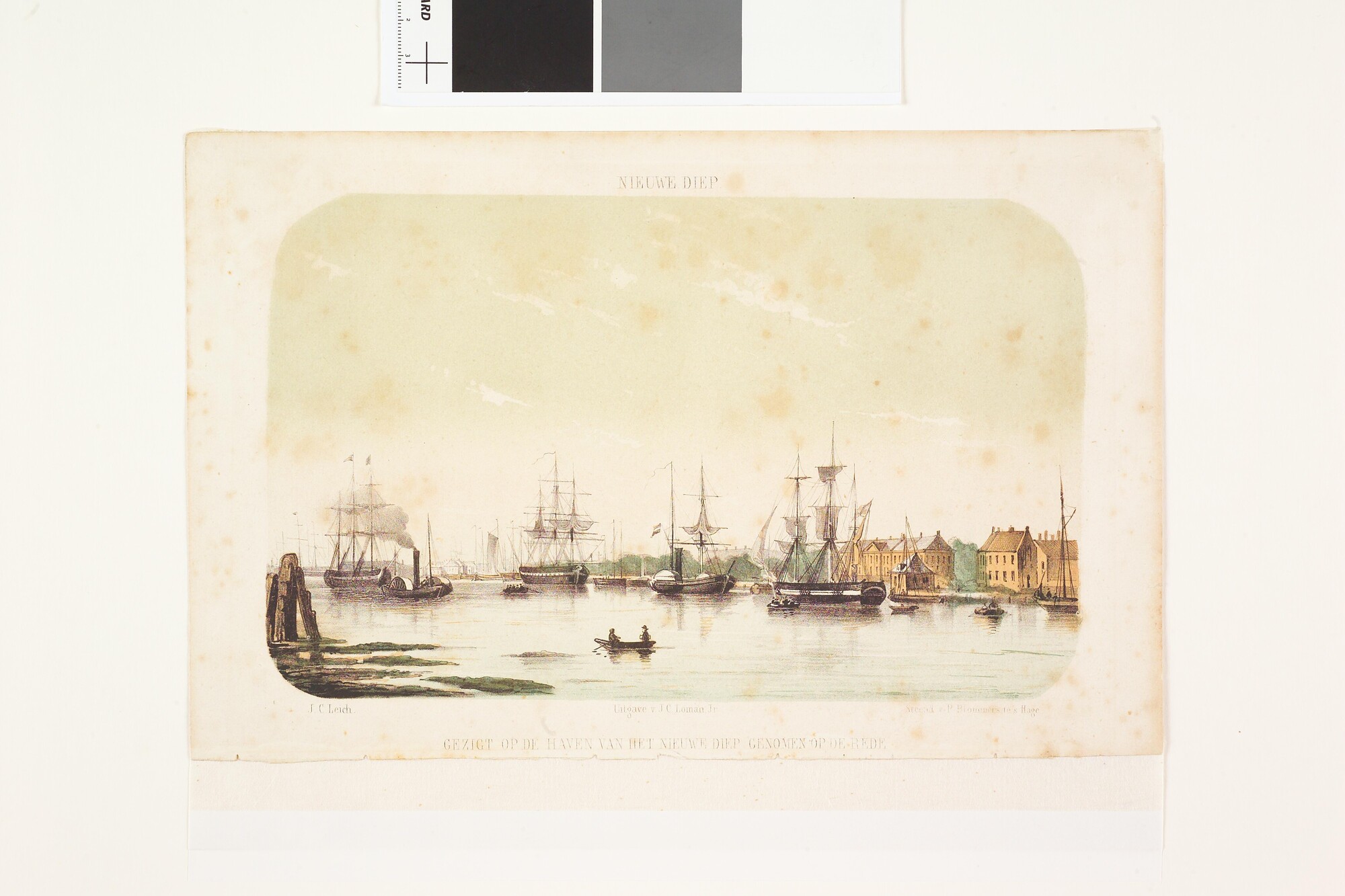 A.0356(61); Lithografie van de haven van het Nieuwe Diep, met drie driemasters en twee stoomraderschepen; prent