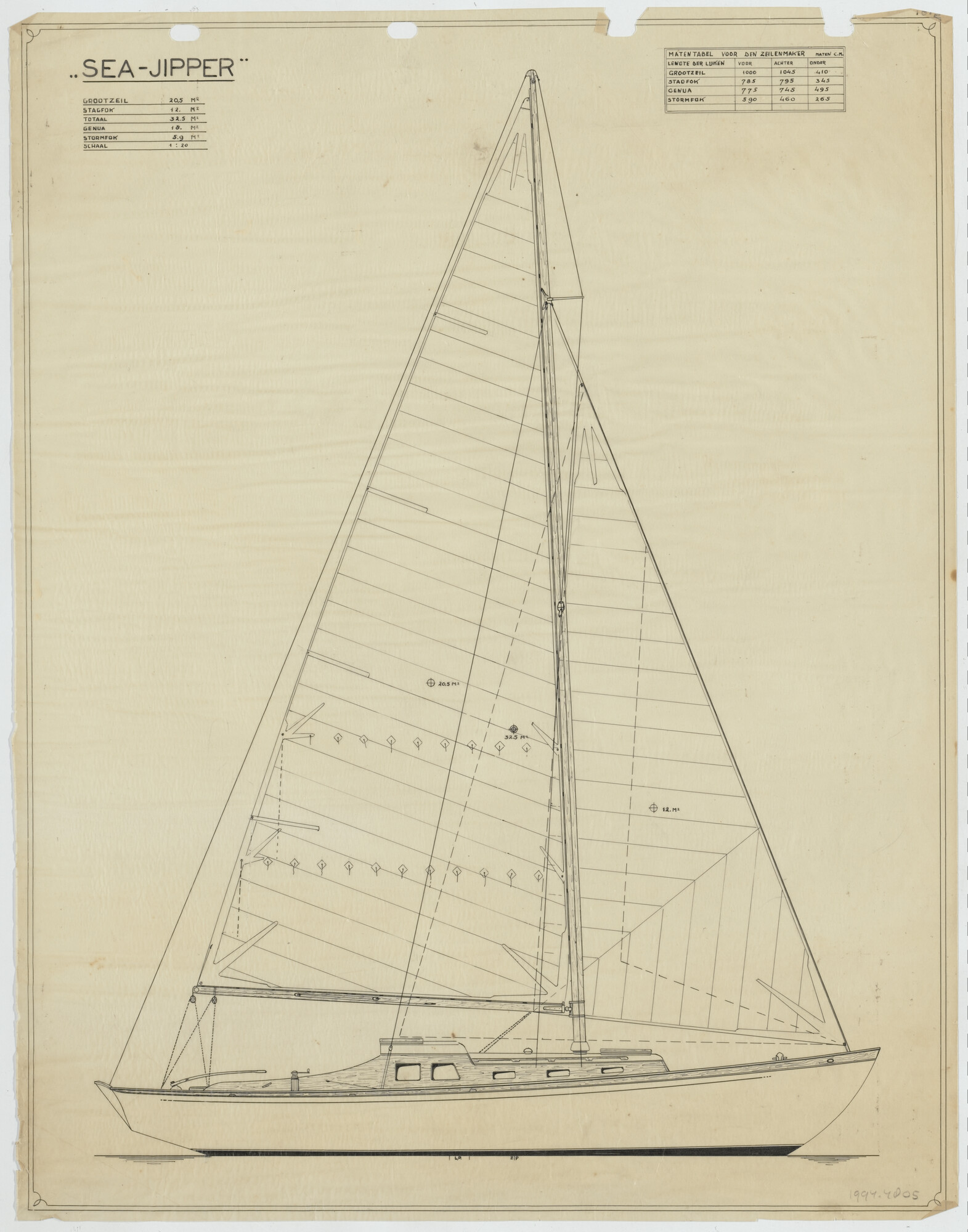 1994.4805; Zeilplan Seajipper; technische tekening