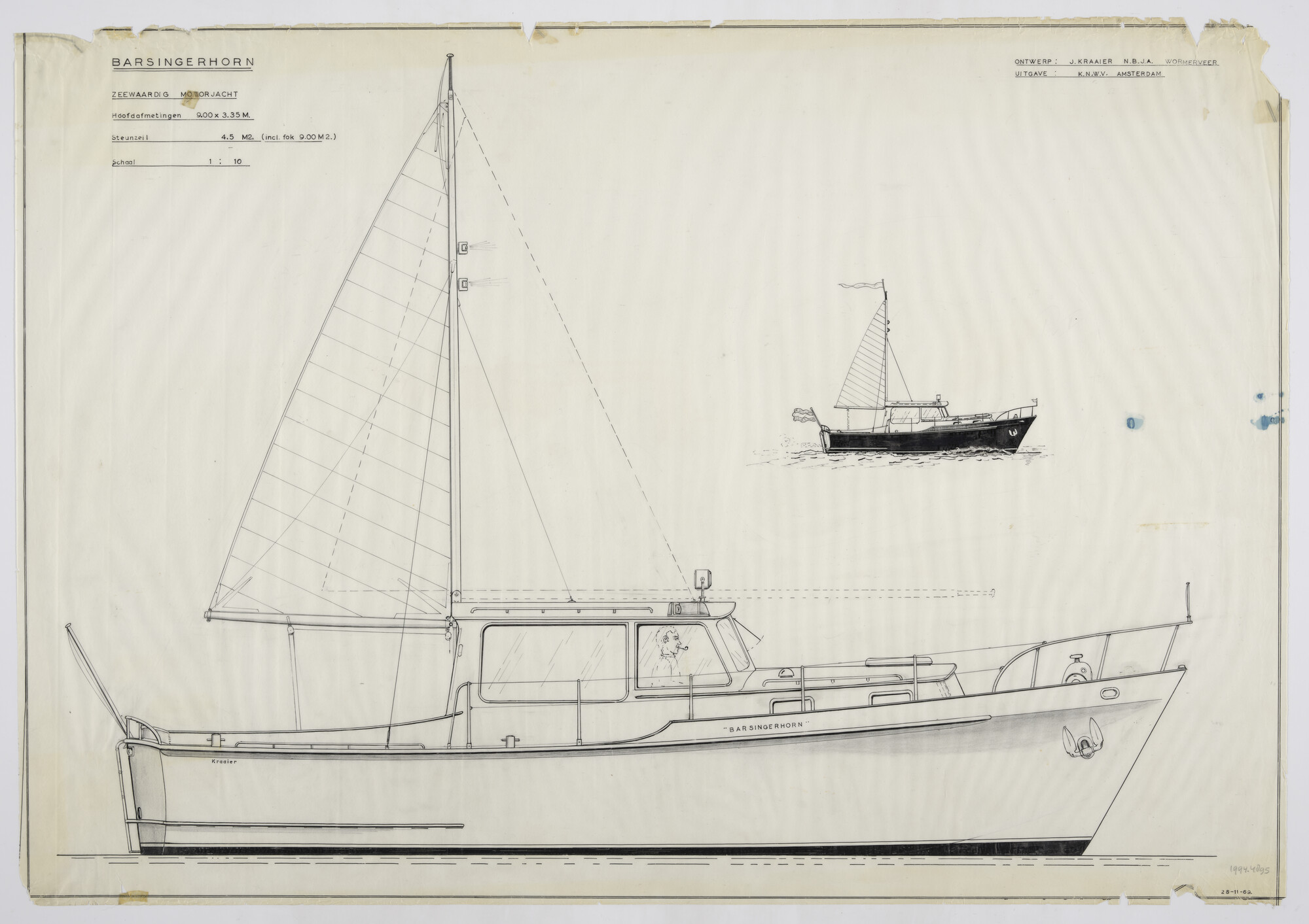 1994.4895; Ontwerp van het motorjacht Barsingerhorn; technische tekening