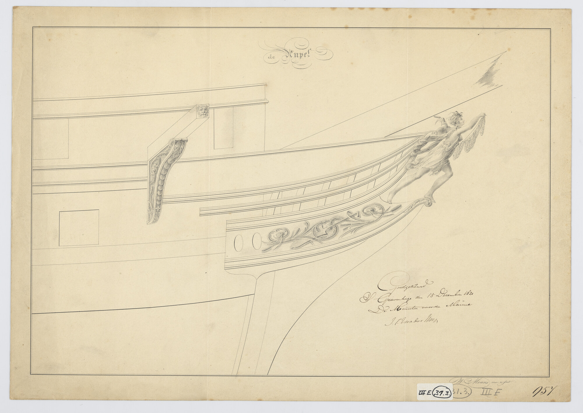 S.1214(0247); Schegversiering van het fregat Zr.Ms. 'Rupel'; technische tekening