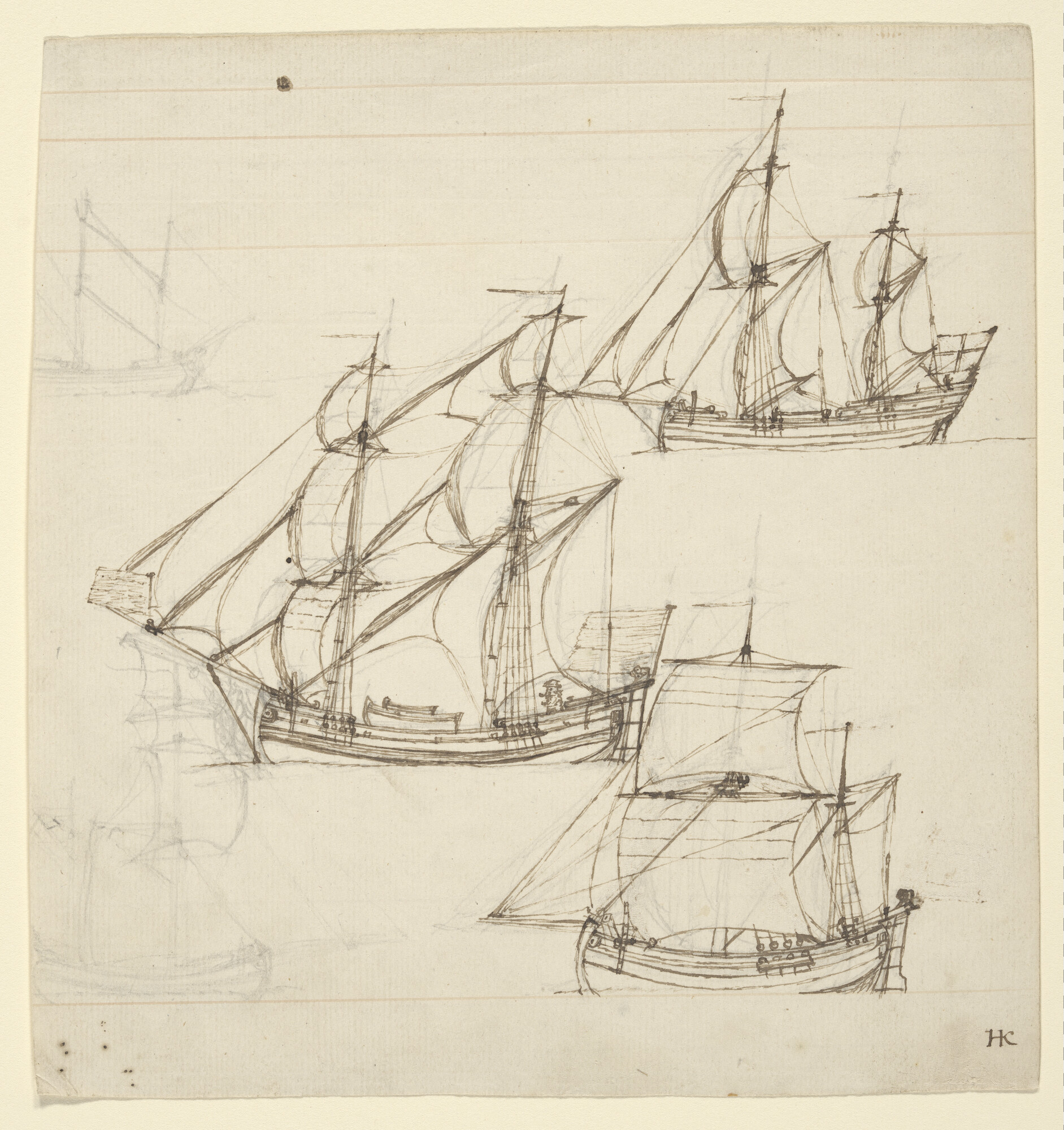 S.4317(38)a03; Een kofschip, een Engelse kits en een hoekerschip; tekening