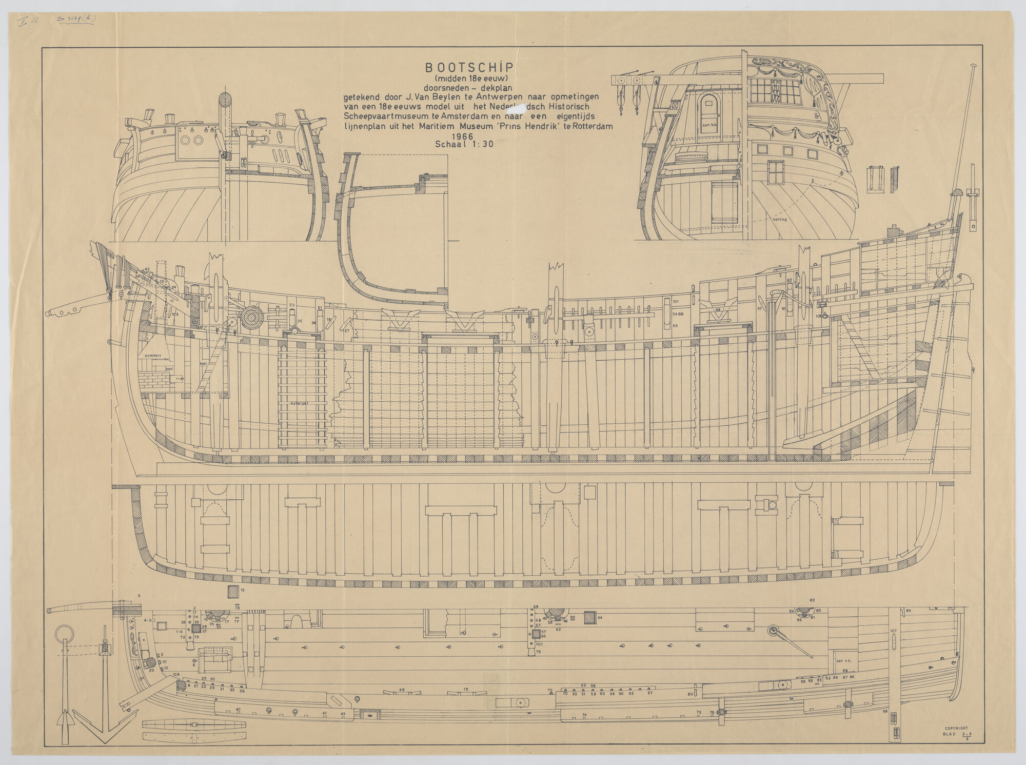 S.4149(b); Dwarsdoorsneden en dekplan van een bootschip; technische tekening
