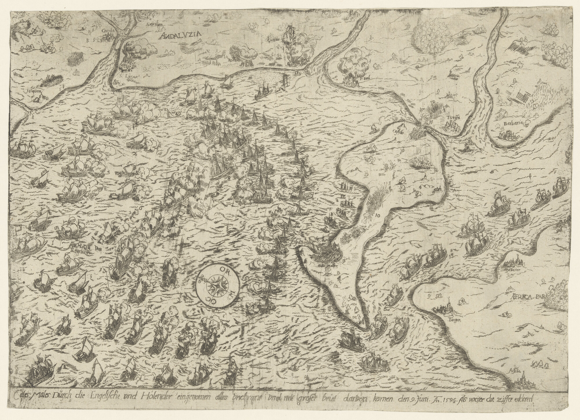 A.0145 [nr 0020]; De Engels-Hollandse vloot verslaat de Spaanse vloot voor Cadiz; prent