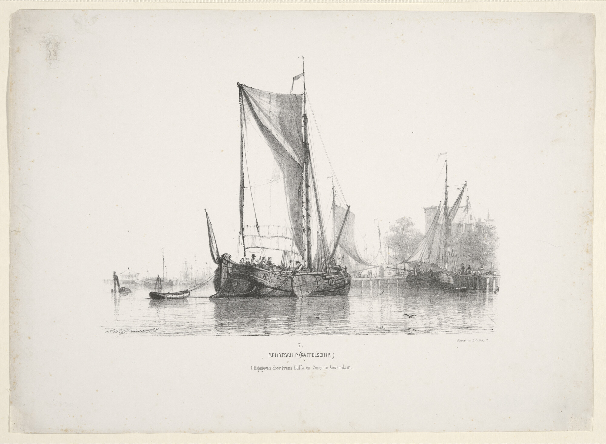 S.1330(07); Prentserie 'Studien van Hollandsche Schepen', nummer 7: een beurtschip of gaffelschip in een haven; prent