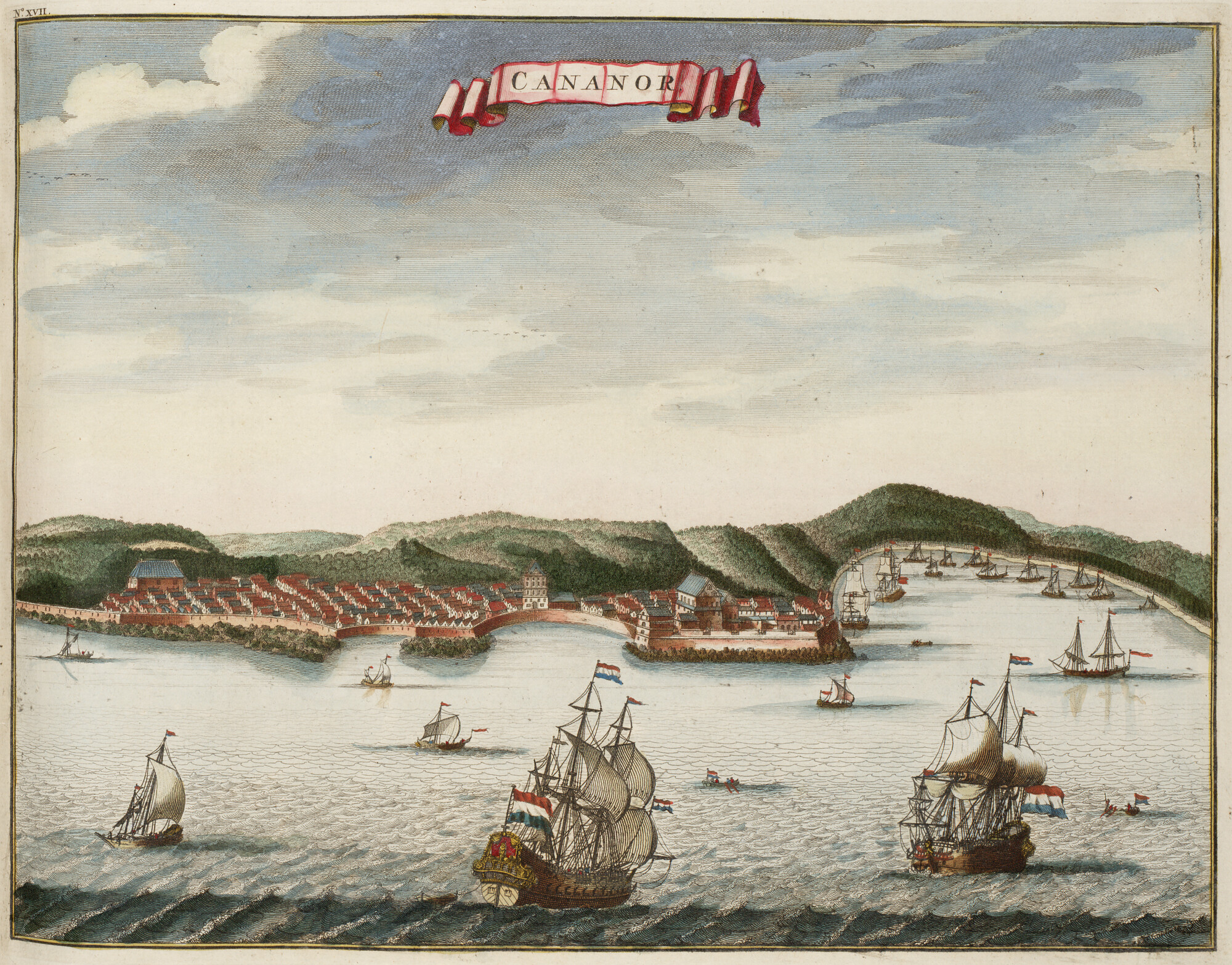 B.0032(109)6 [kaart 044]; Aanzicht van de stad Cannanore uit Valentijn's Oud en Nieuw Oost Indië (kaart; prent