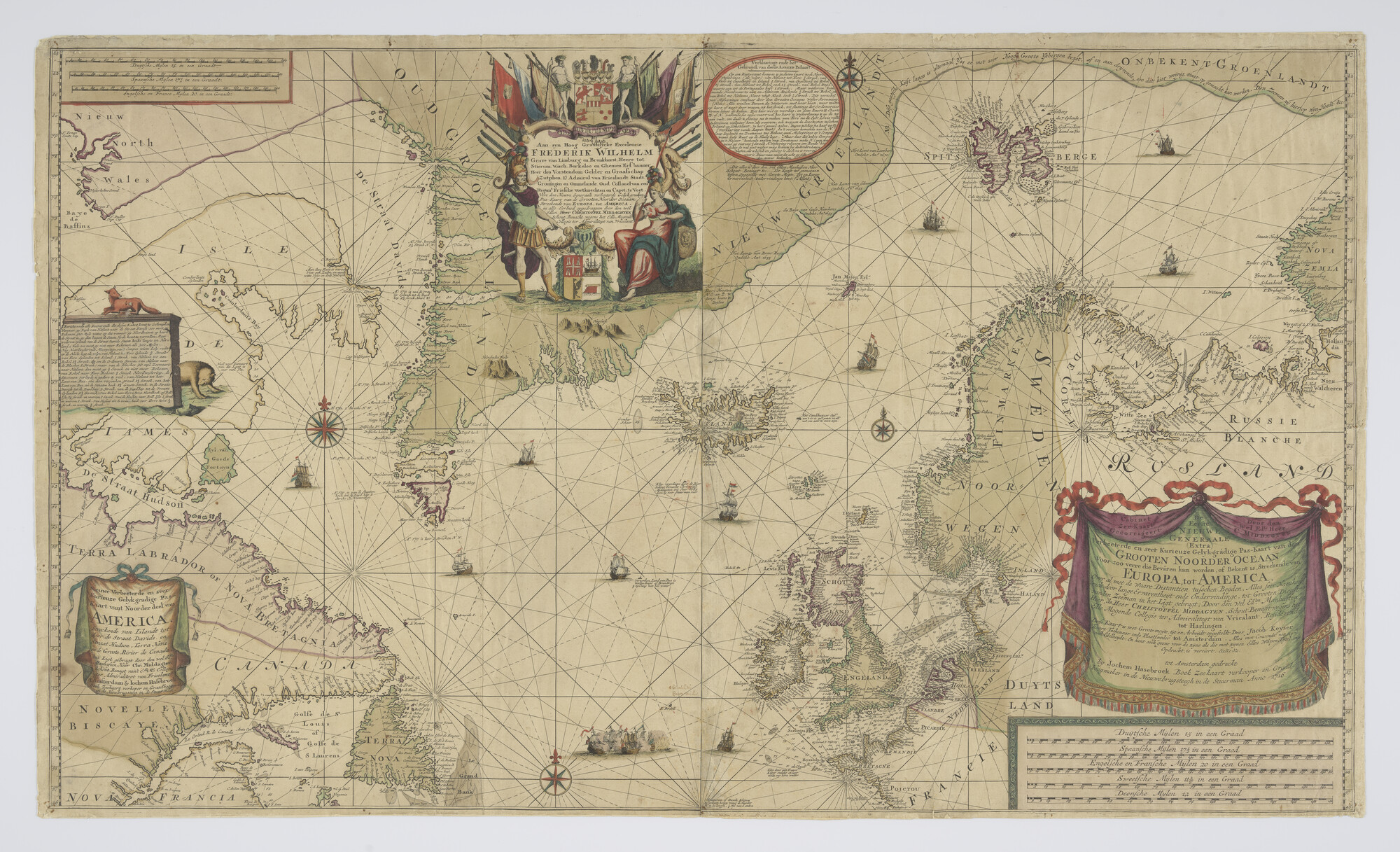 S.0935(04); Met de hand gekleurde zeekaart van de Noord Atlantische Oceaan samengesteld door Christoffel Middagten (1659 - 1723); zeekaart