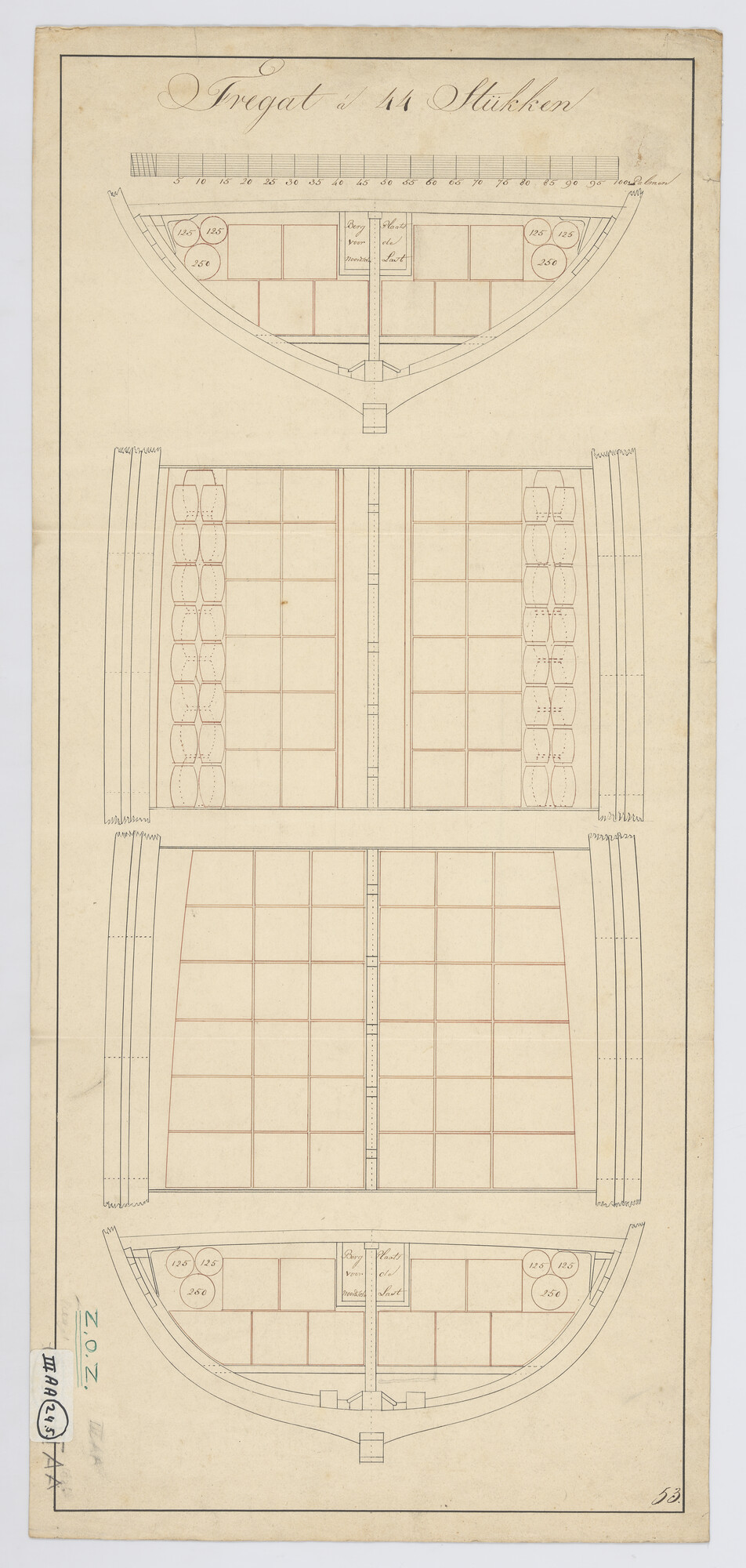 S.1214(0136)a; Stuwplan van het waterruim van een fregat van 44 stukken; technische tekening
