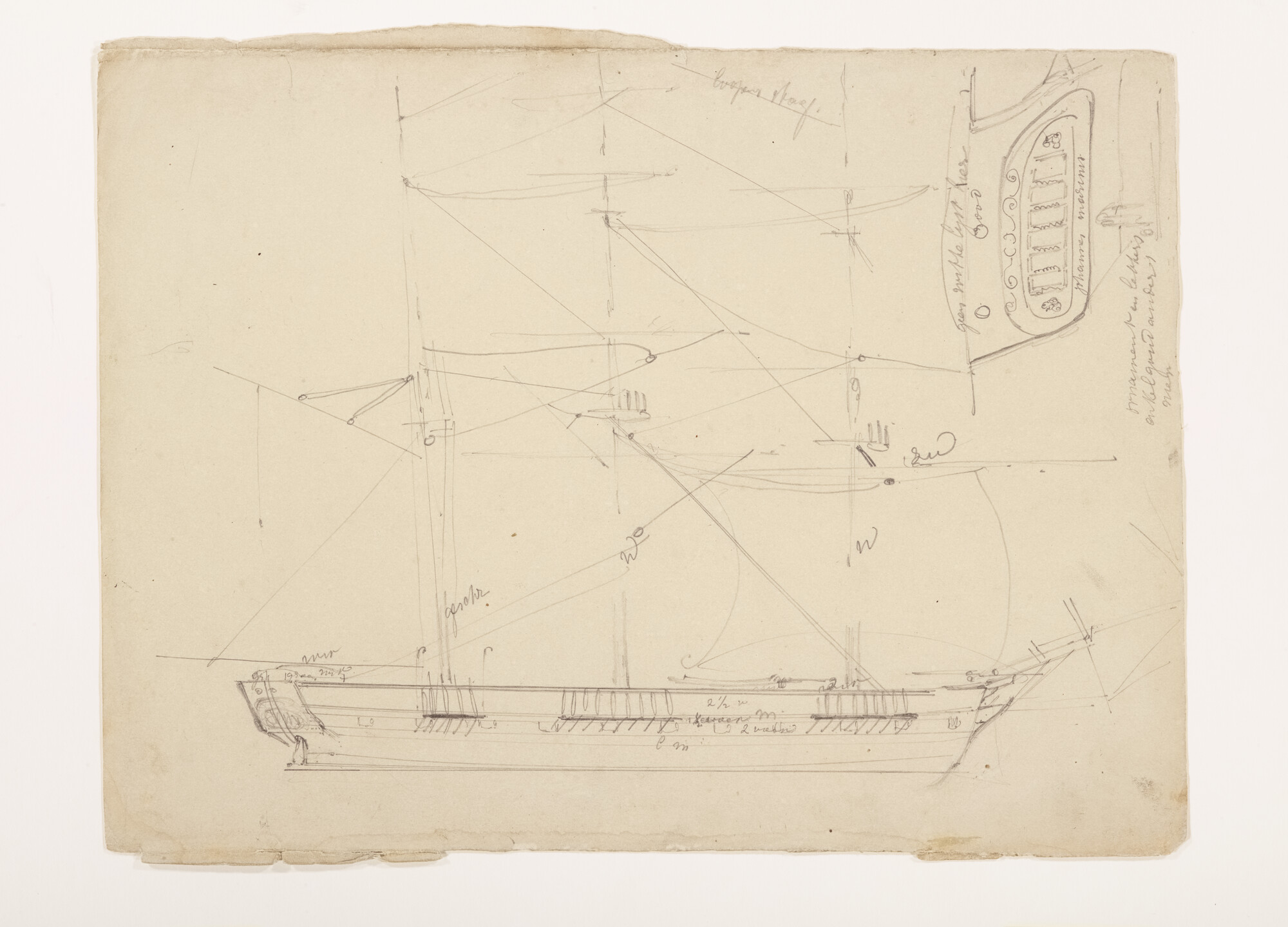 S.3107(07)016; Schets van een driemastzeilschip met ontwerp van een spiegel; tekening