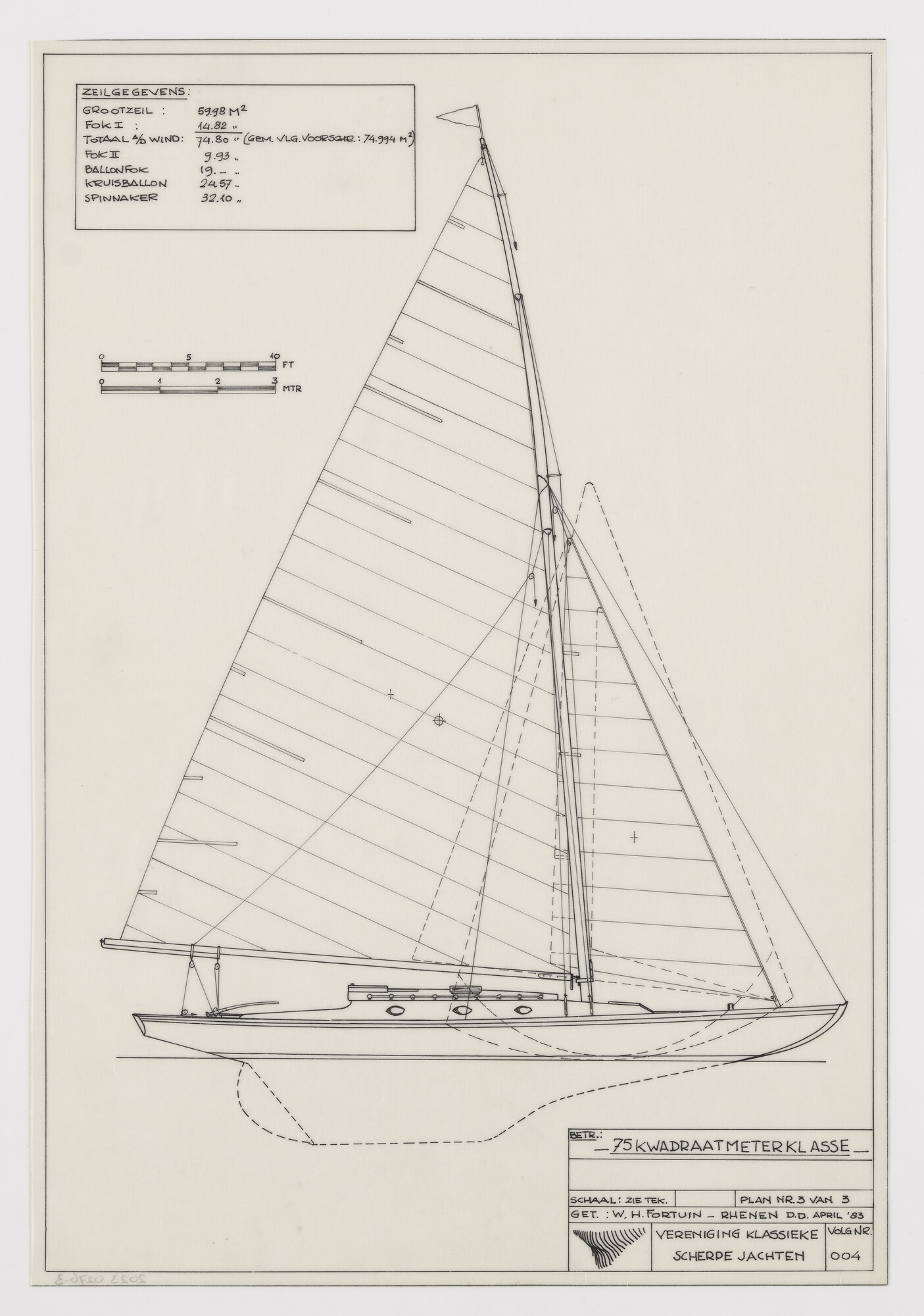 2023.0276-3; Technische tekening van een 75 m2 klasse zeiljacht; technische tekening