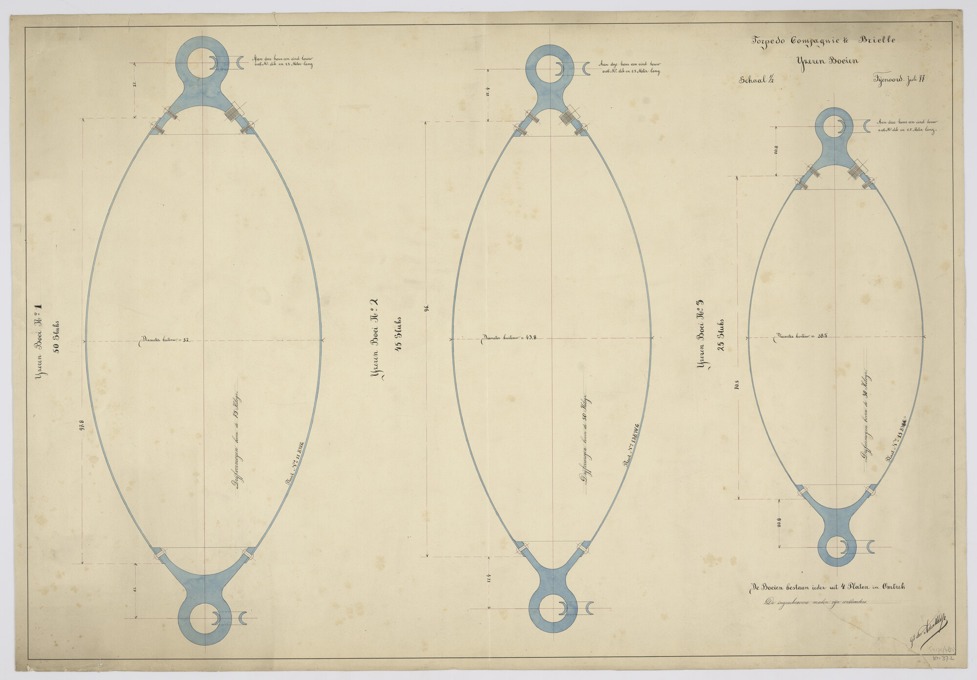 S.2175(4854); IJzeren boeien no 1; no 2 en no 3; technische tekening