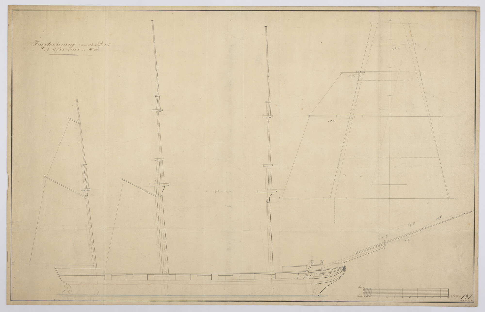 S.1214(0185); Tuigplan van de brik Zr.Ms. 'Koerier' van 18 stukken; technische tekening