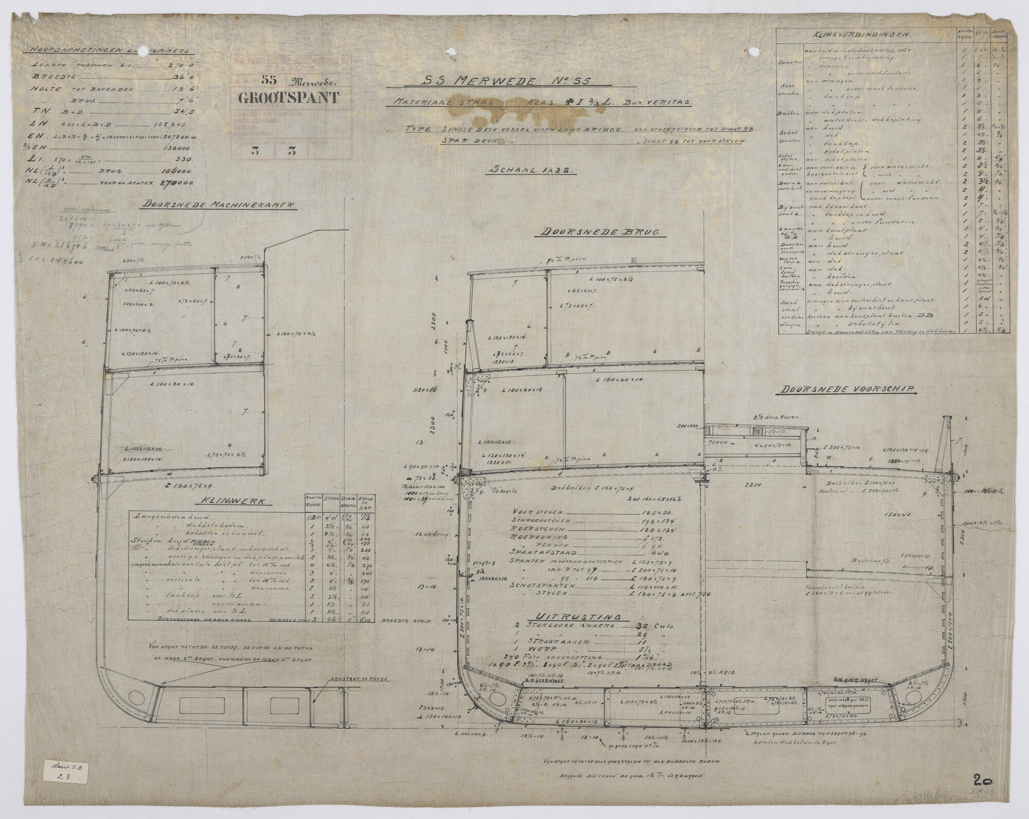 S.4765(011); Grootspant van het vrachtschip ss. 'Amstelstroom'; technische tekening