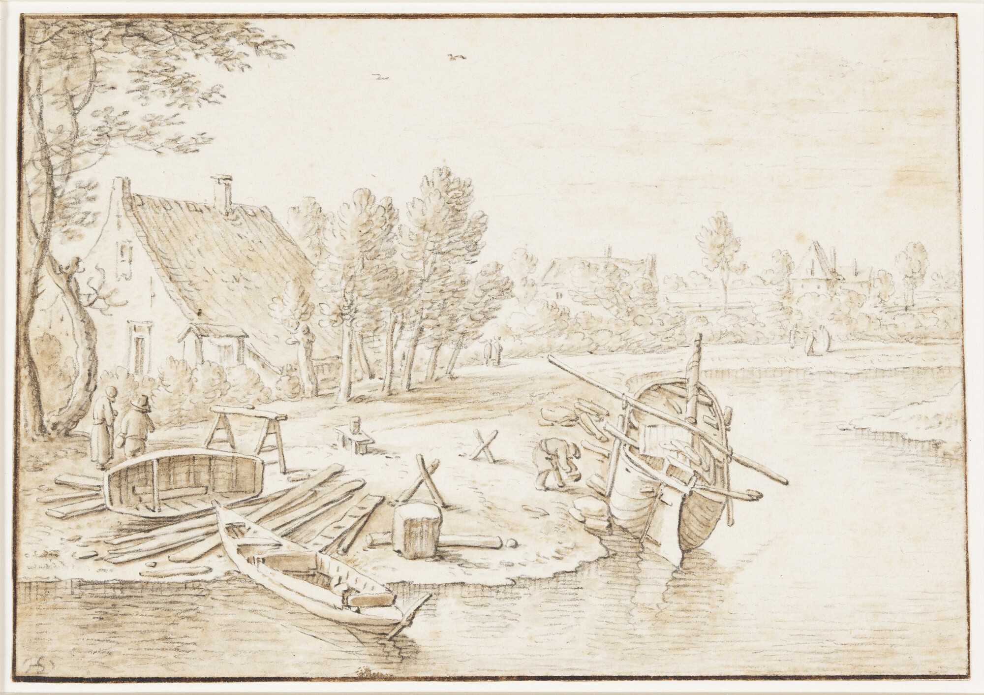 A.2988(17); Scheepswerfje bij de Plompe Toren, buiten de Utrechtse stadsmuur; tekening