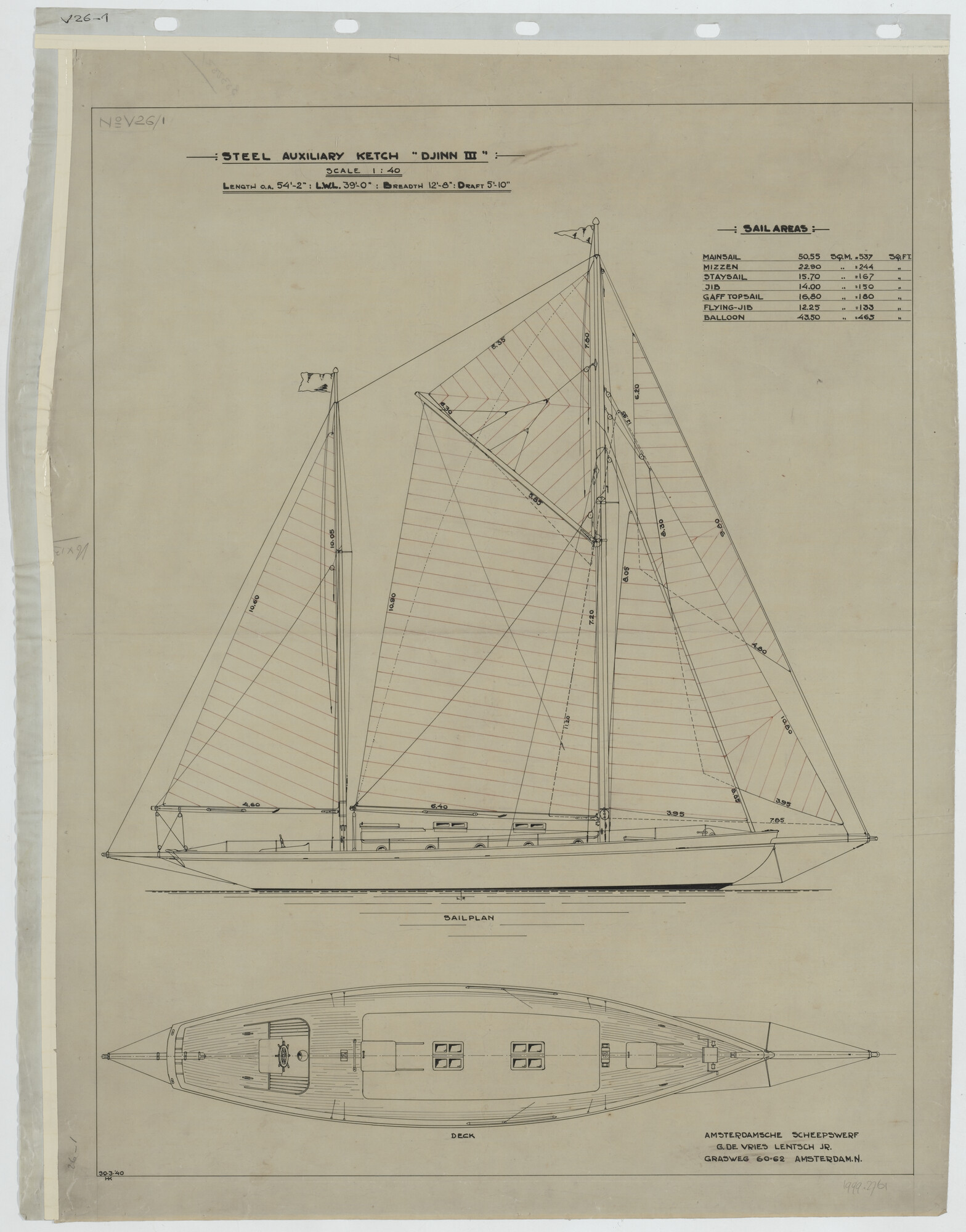 1999.2761; Nieuw zeilplan voor het kitsgetuigd zeiljacht Djinn III (ex- Ilse); technische tekening