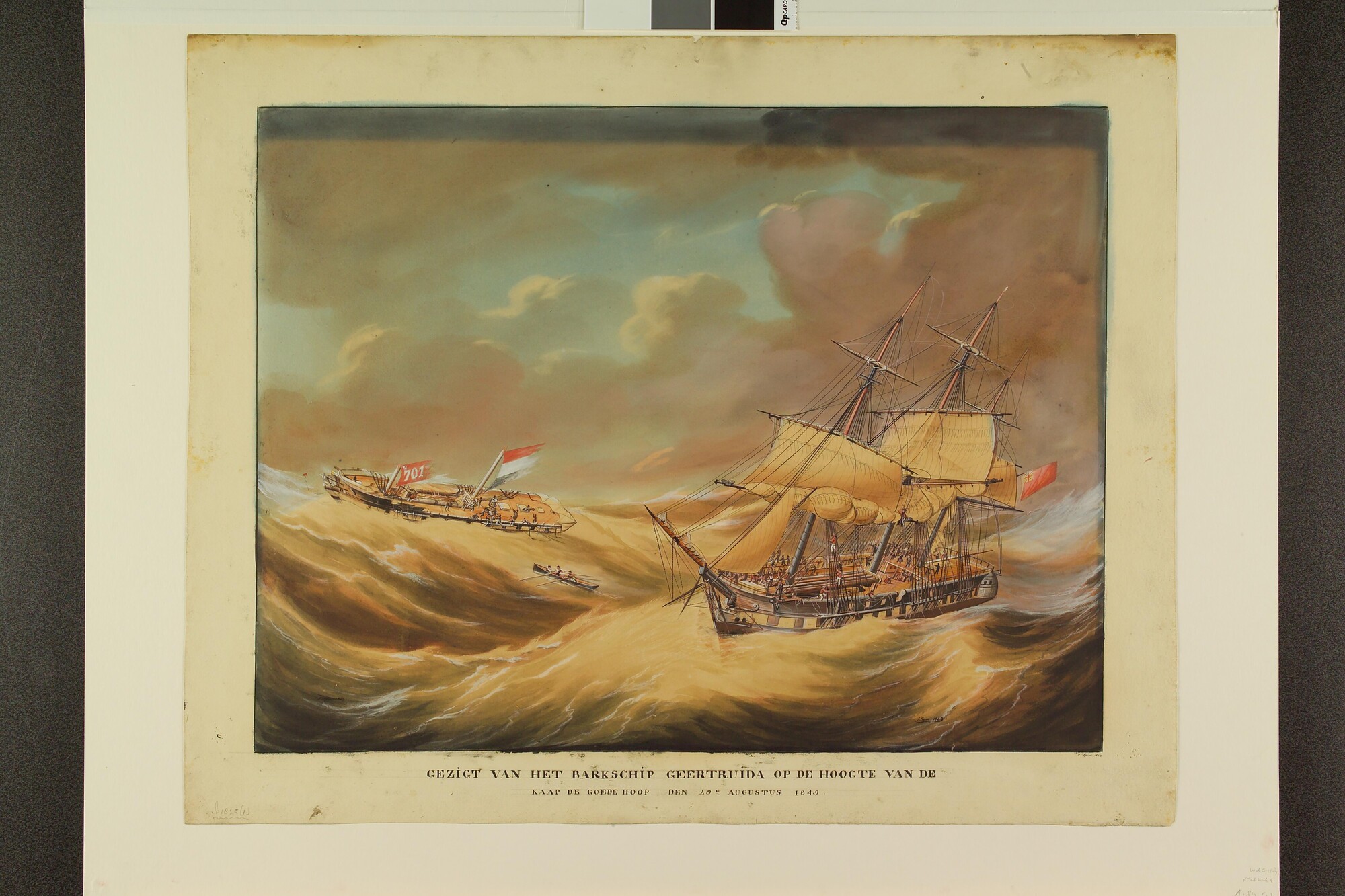 A.1825(01); Het barkschip Geertruida schipbreuk lijdend; tekening