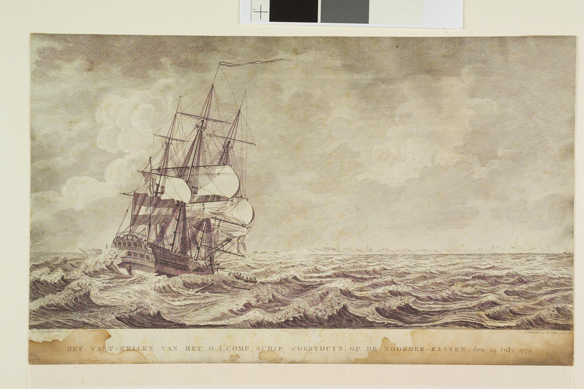 S.0730 [nr 0002]; Schipbreuk van het VOC-schip 'Woestduin', 1779: vastzeilen van het schip; prent