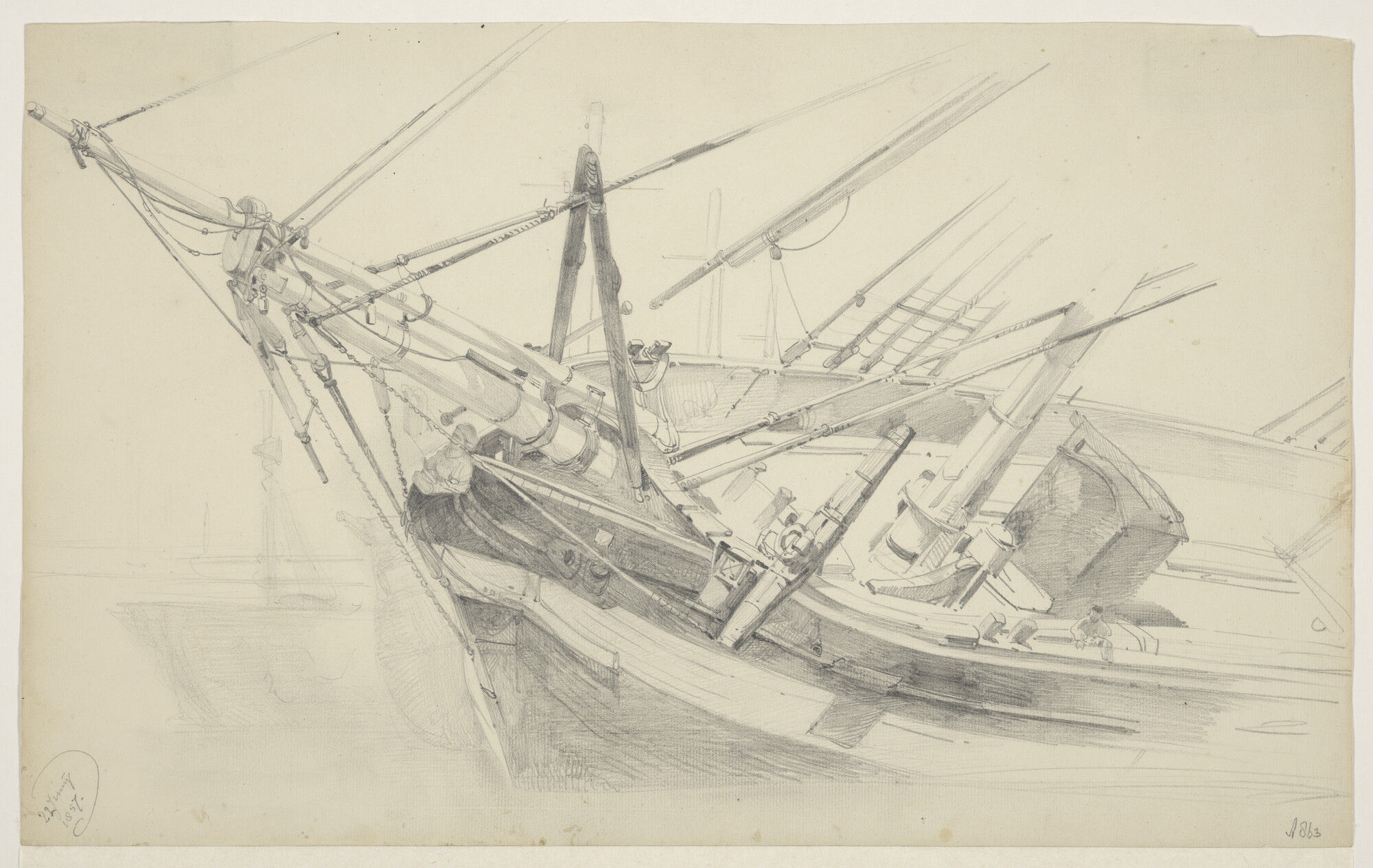 A.0863(12)2; Het voorschip van een gekield zeilschip; tekening