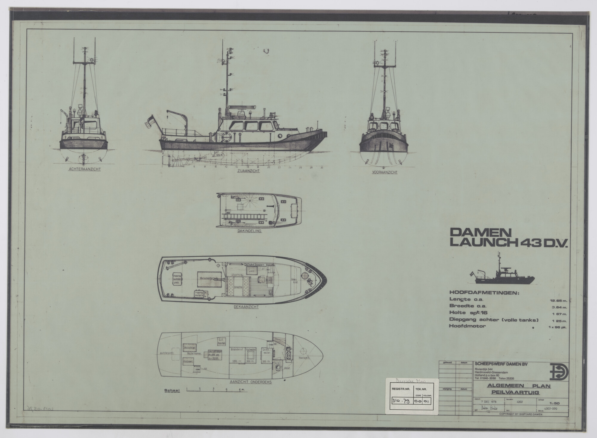 2013.0576; Algemeen plan van het patrouillevaartuig/peilvaartuig Damen Launch 43 D.V. Bergsche Maas van 12.65 meter; technische tekening