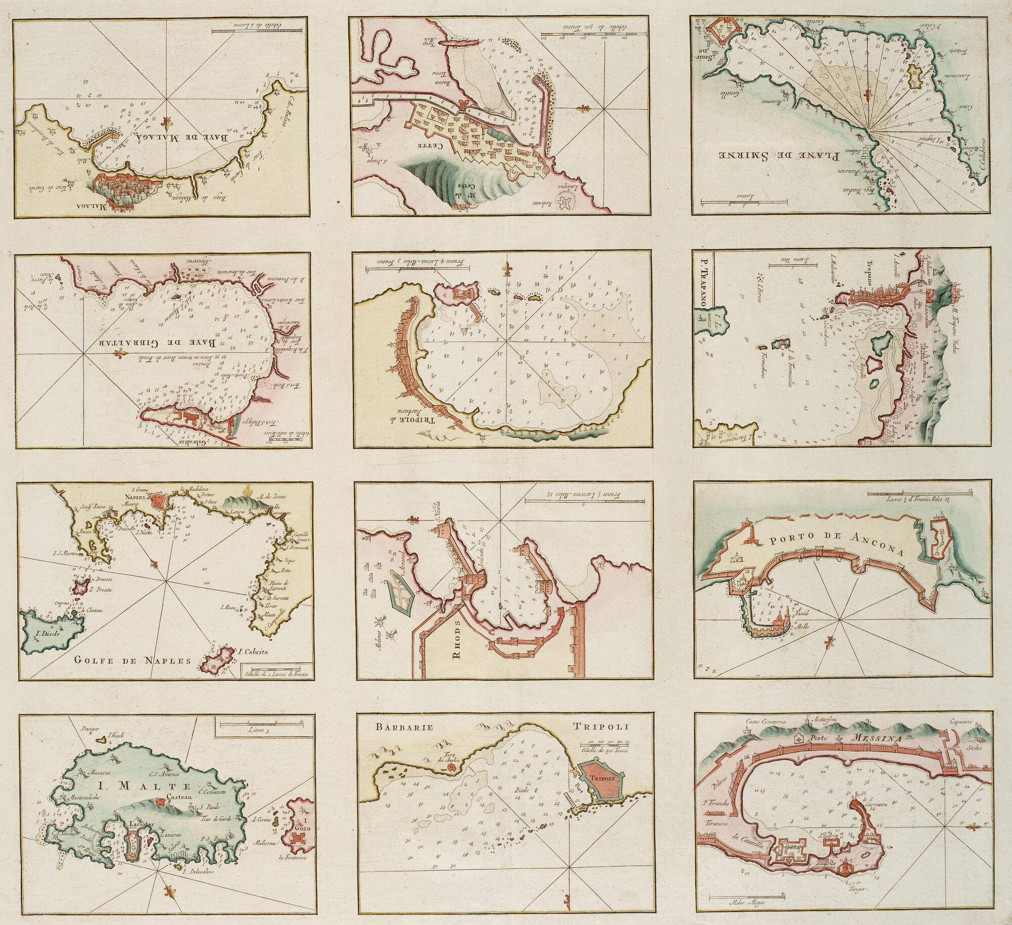 B.0032(109)2 [kaart 113]; Blad met 12  kaartjes van havens en reden aan de Middellandse Zee; kaart