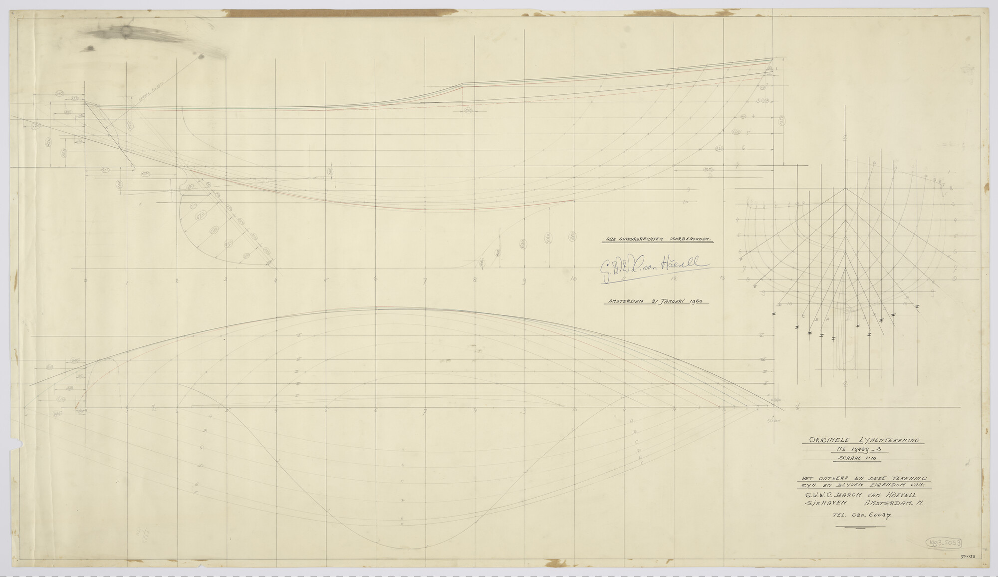 1993.5053; Lijnenplan van polyester kajuitzeiljacht; technische tekening