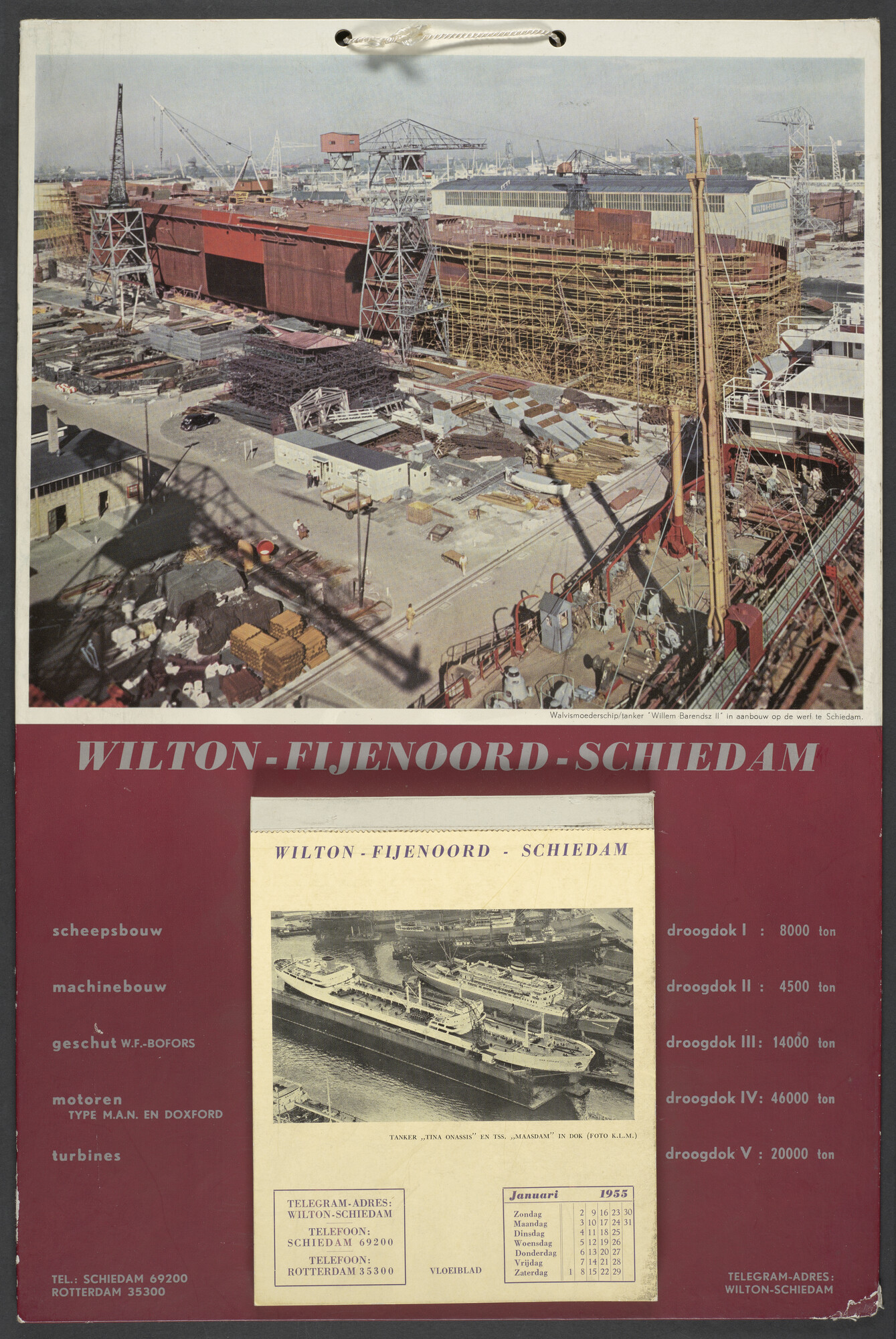 1993.0226; Kalender van de werf Dok en Werf Maatschappij Wilton-Fijenoord te Schiedam voor het jaar 1955; kalender