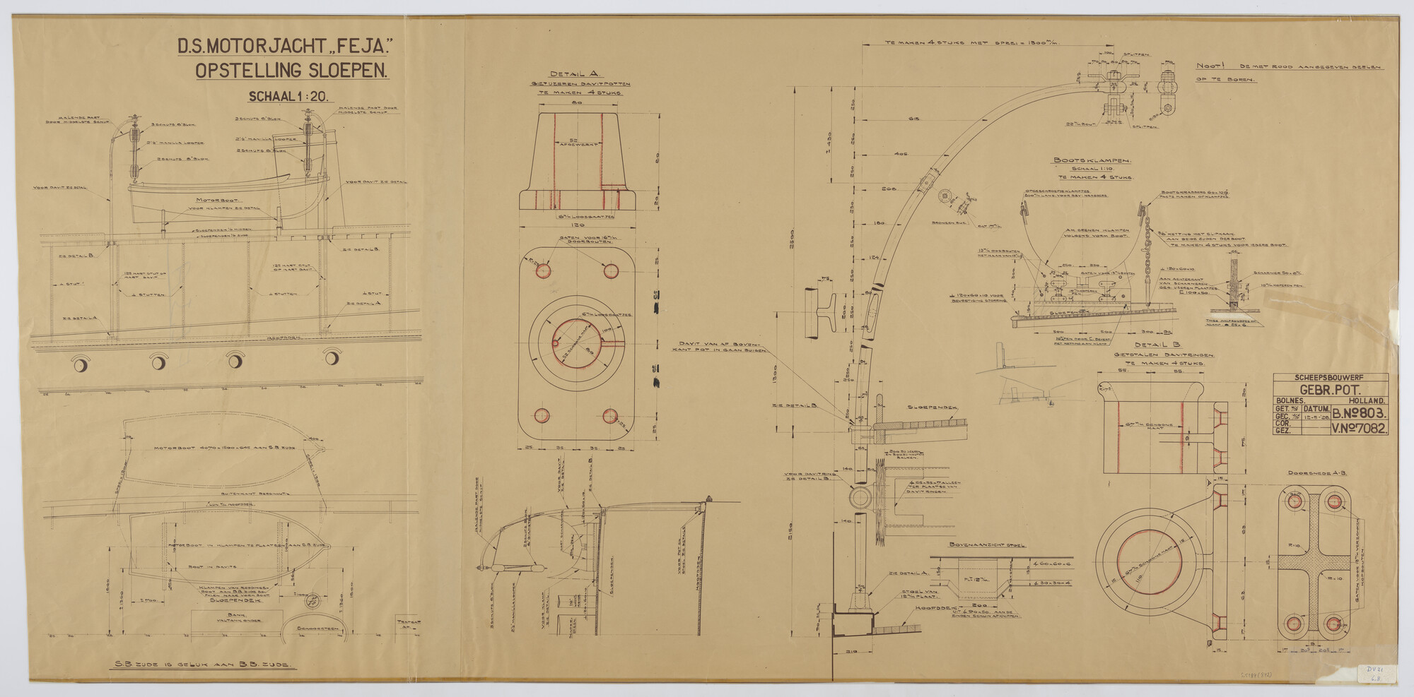 S.5184(842); Opstelling sloepen van het motorjacht 'Feja'; technische tekening