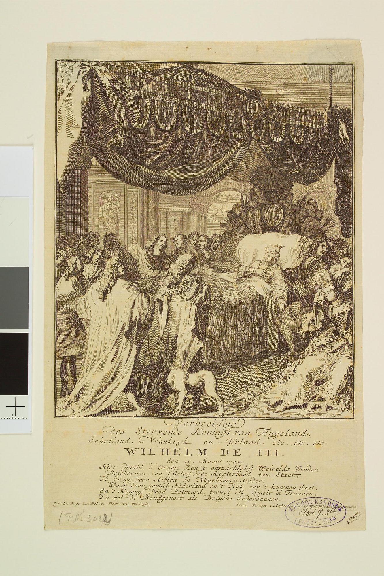 S.1804 [nr 0002]; Sterfbed van stadhouder-koning Willem III na een val van zijn paard tijdens een jachtpartij; prent