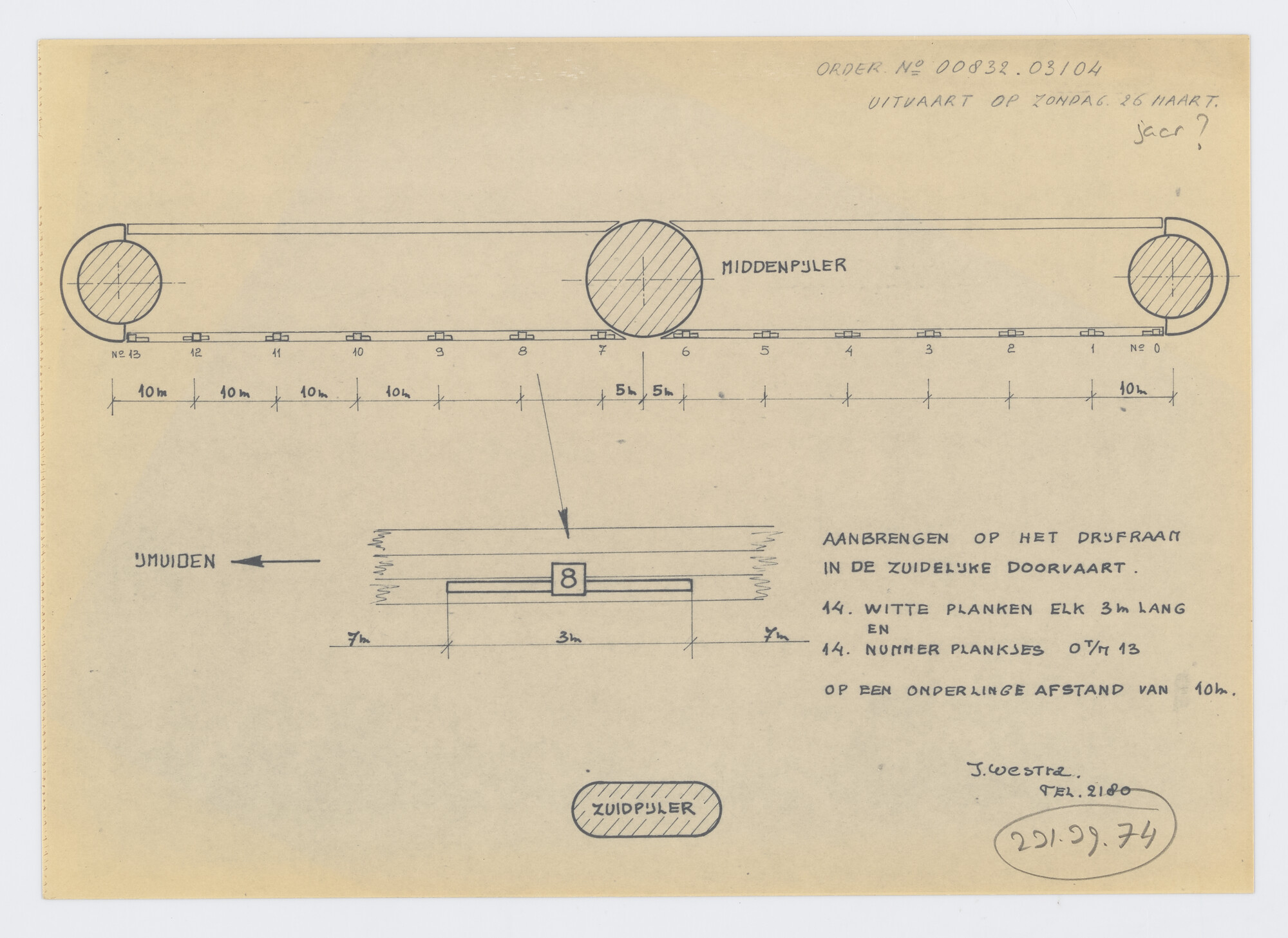S.5444(231.39.74); Uitvaart op Zaterdag 26 Maart door de Hembrug, planken op drijfraam in de zuidelijke doorvaart; document