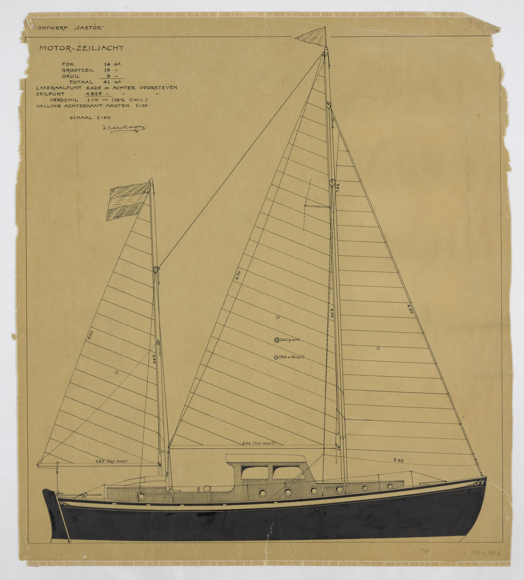 1994.4905; Zeilplan motor-zeiljacht Castor; technische tekening