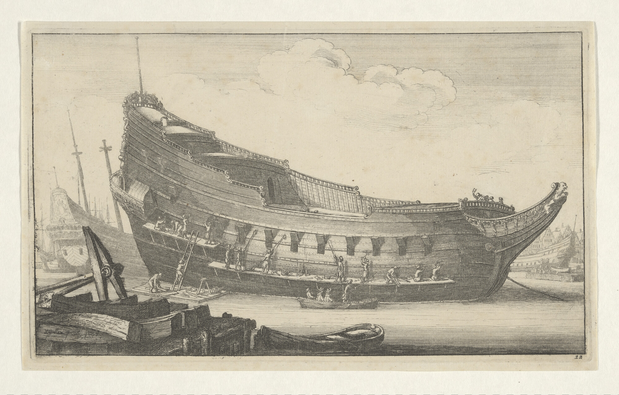 A.0149(0790); Bouw van een schip, slechts de romp is klaar; prent