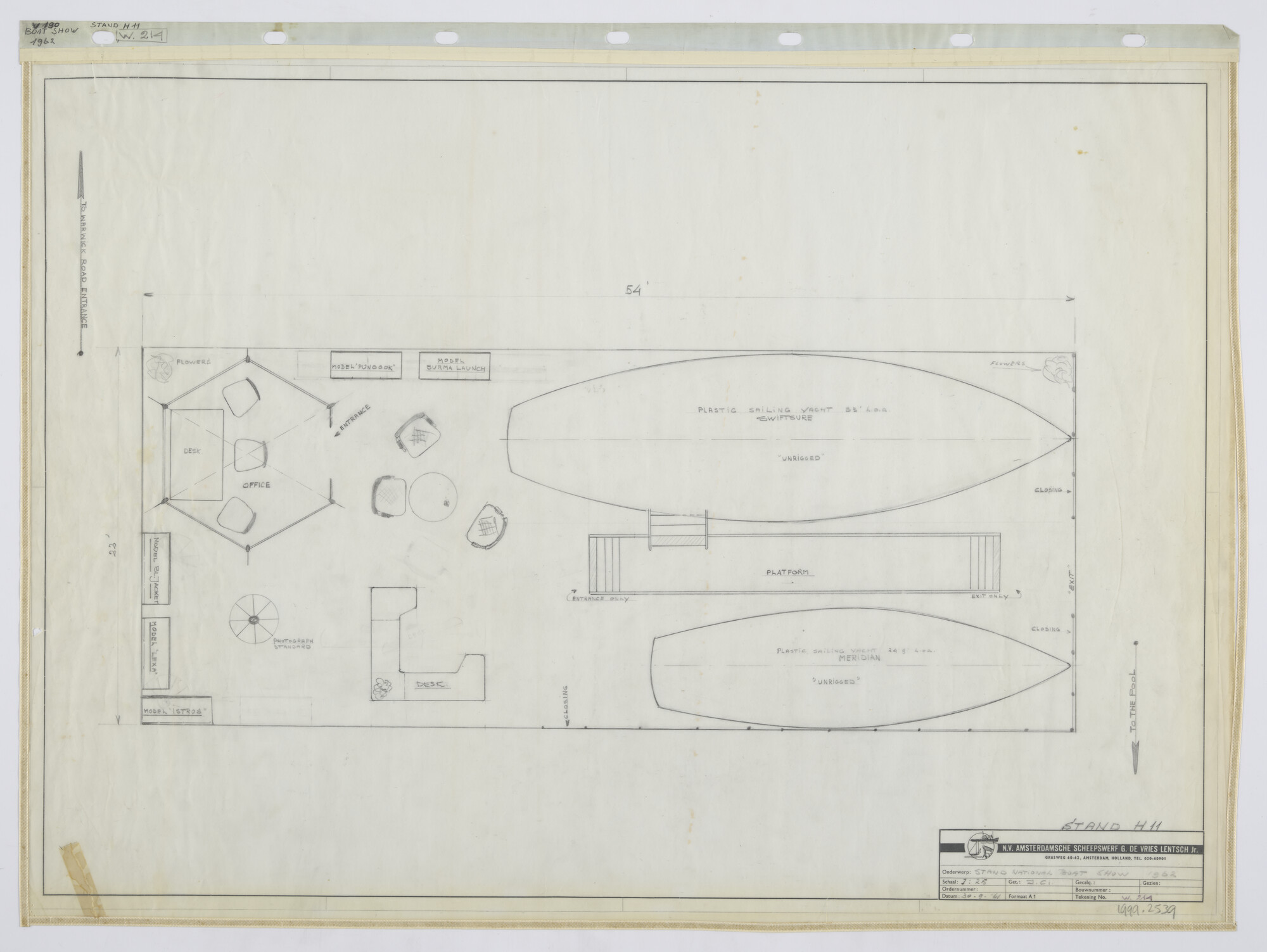 1999.2539; Plattegrond inrichting stand boat show 1962; technische tekening
