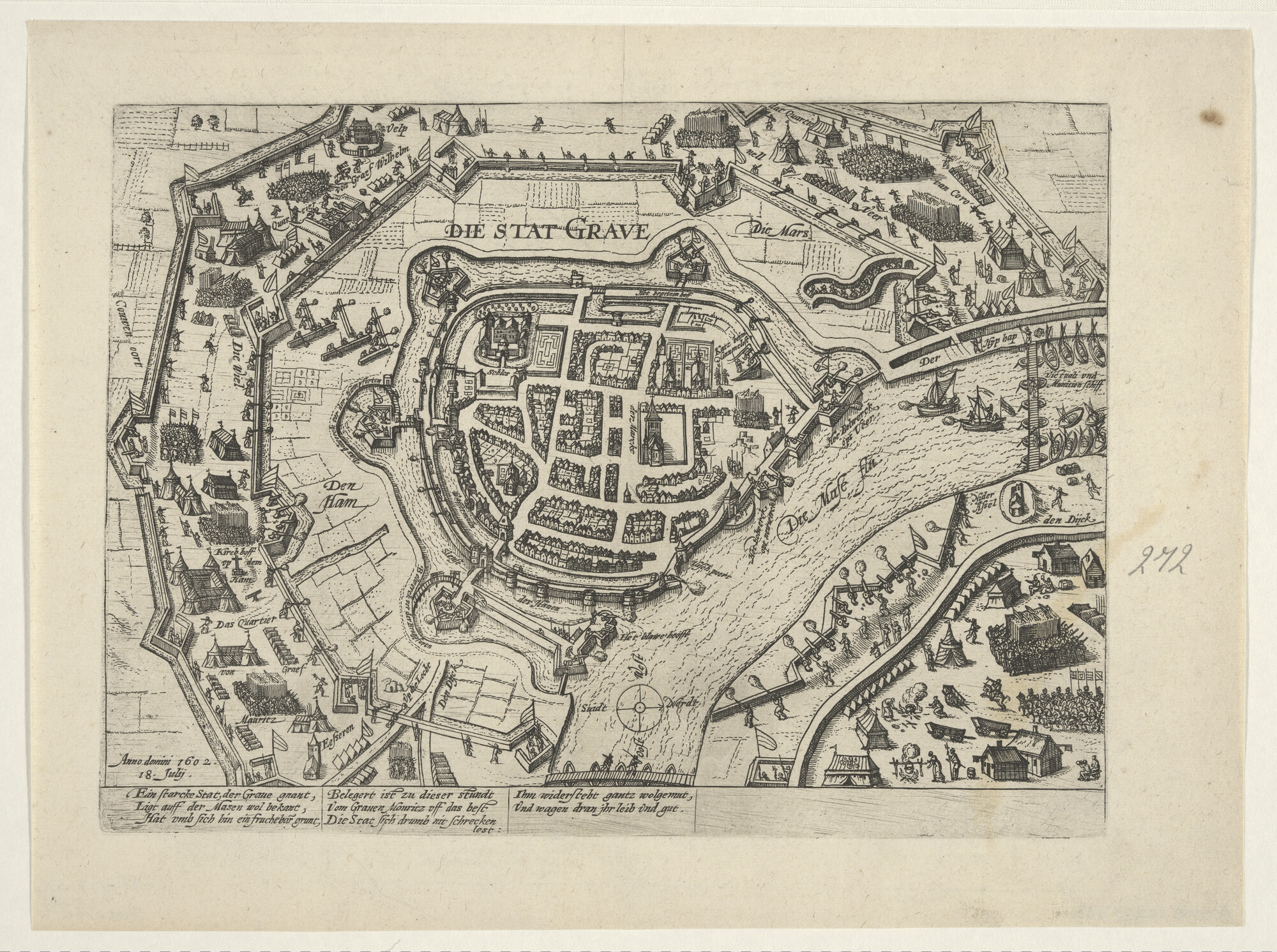 A.0145(027)337; Grave aan de Maas door Maurits belegerd, 18 juli 1602; prent