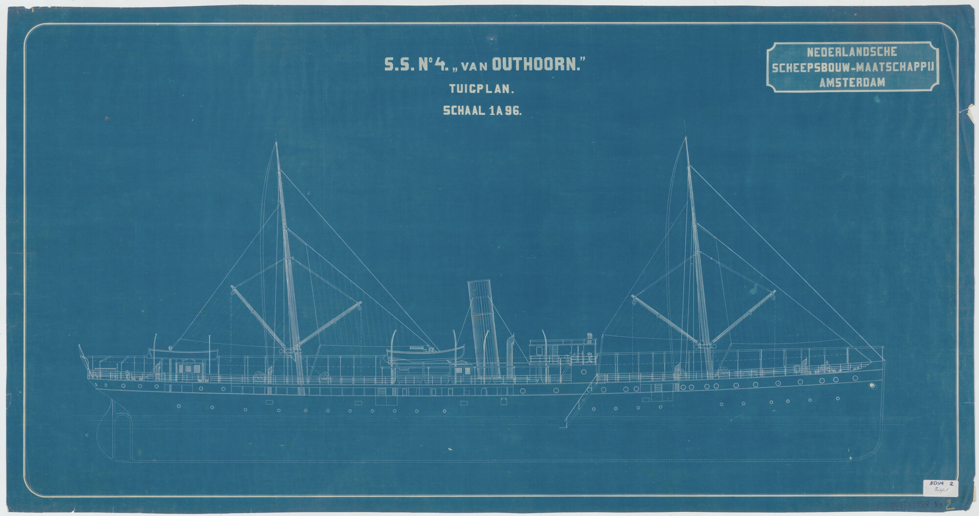 S.5444(002.04.01); Zijaanzicht en tuigplan van het vracht- en passagiersschip ss. 'Van Outshoorn'; technische tekening