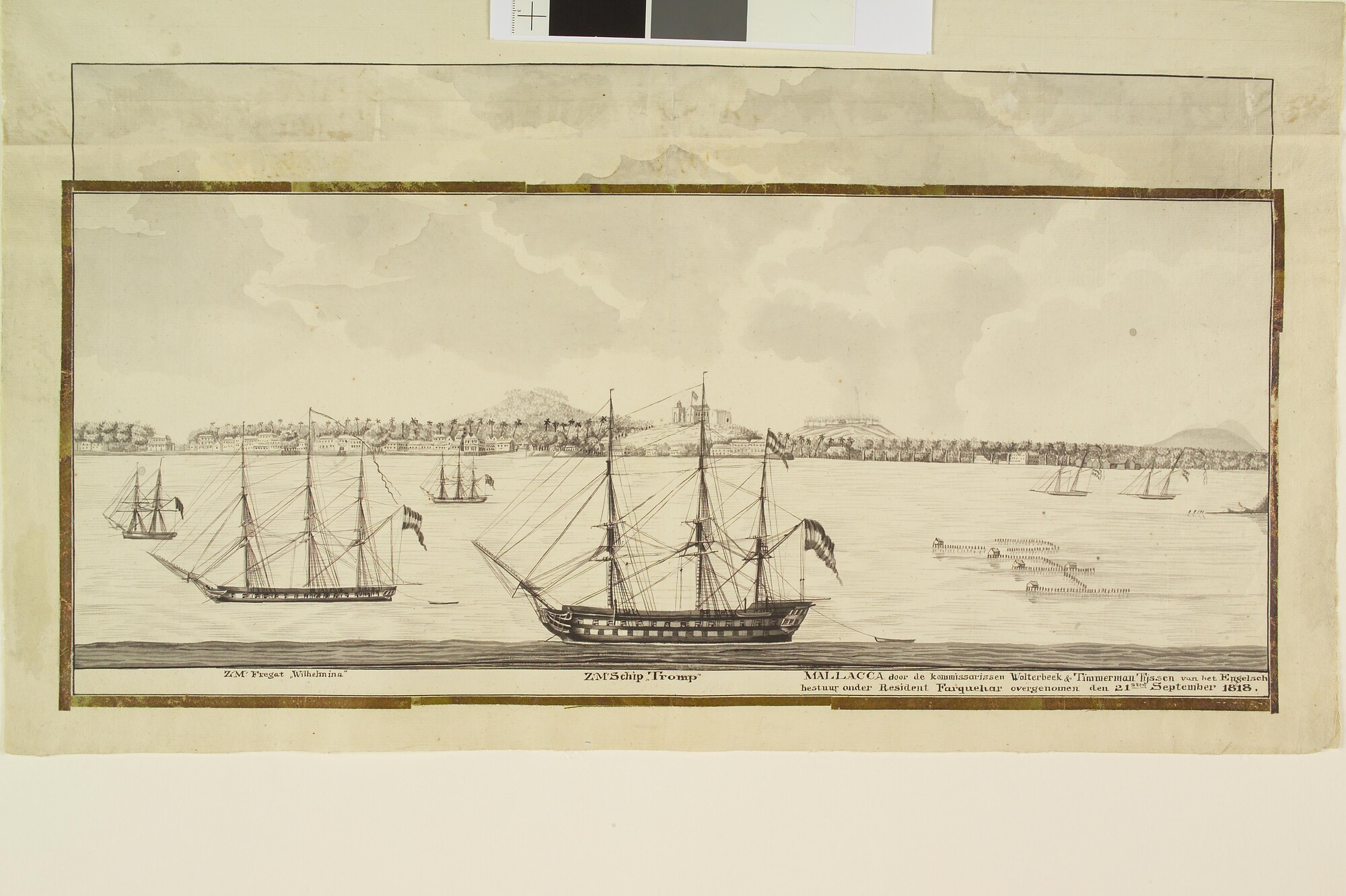 S.1277(01)37; De oorlogsschepen 'Tromp' en 'Wilhelmina' ter rede van  Malakka, 1818; tekening