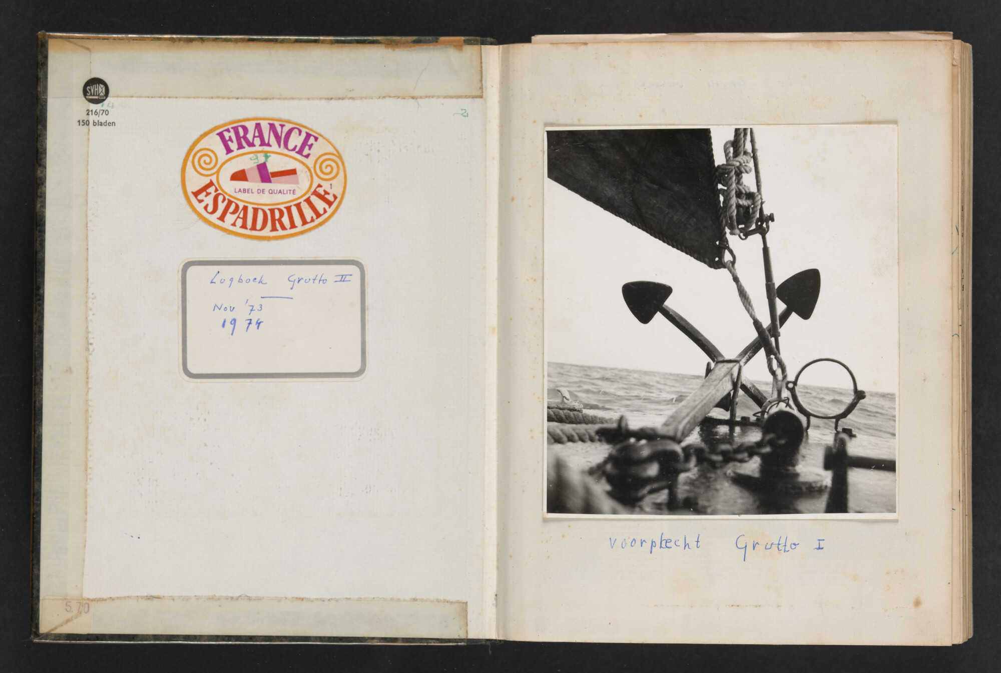 2017.0802; Logboek c.q. fotoalbum van reizen met zeeschouw Grutto (II) in Nederland, Duitsland en Denemarken, 1973-1974; logboek