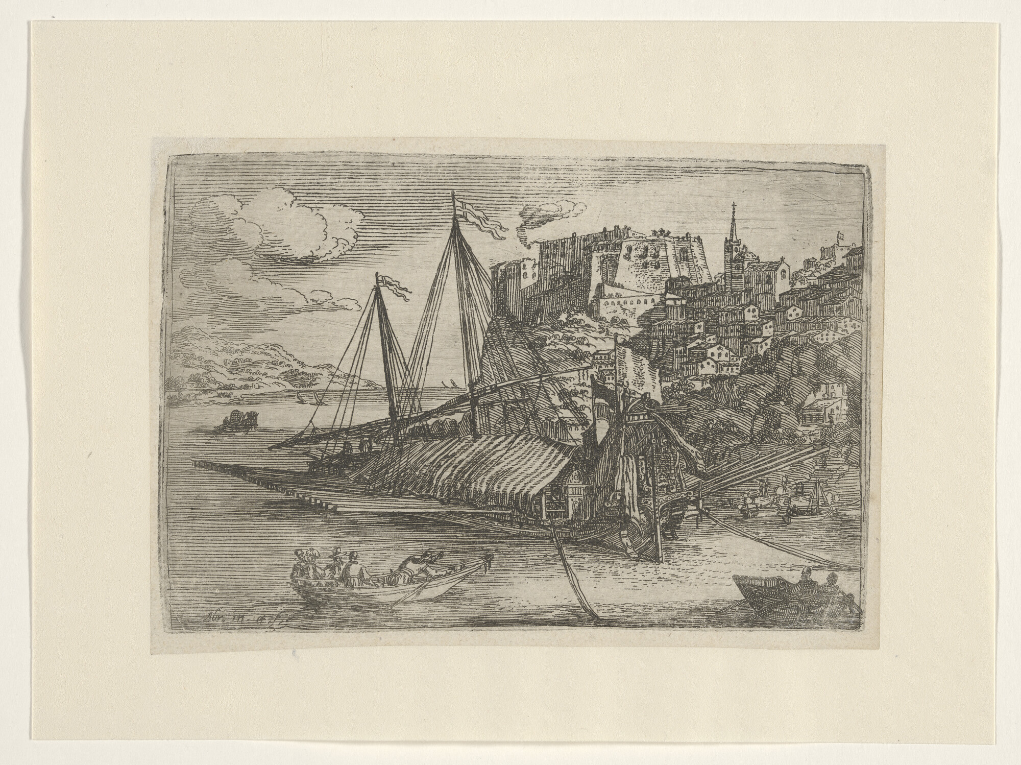 A.1287(02)4; Serie havengezichten van Messina: Een galei in de haven bij het kasteel; prent