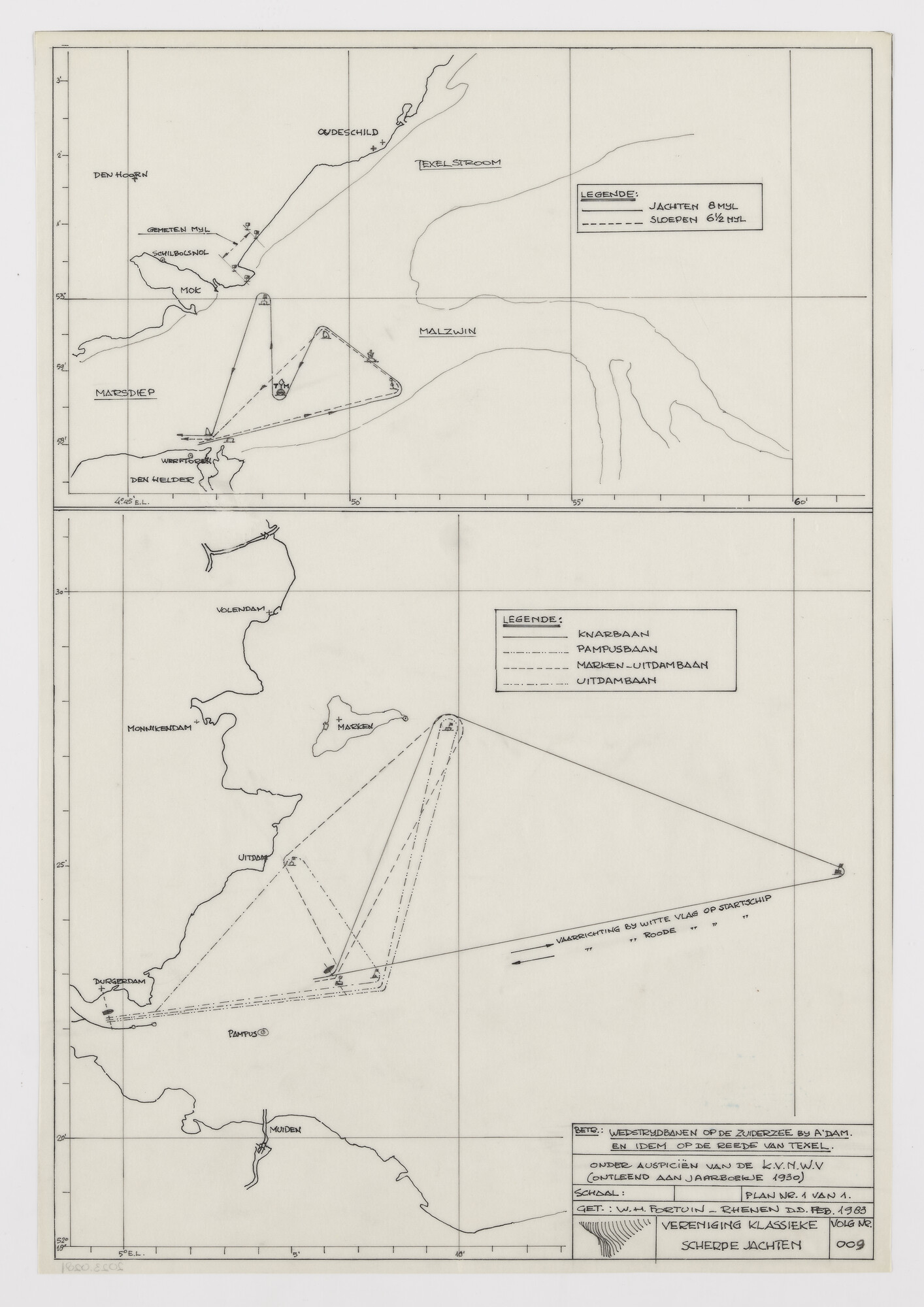 2023.0281; Kaart van verschillende wedstrijd vaarroutes van de KVNWV bij Texel en op de Zuiderzee; technische tekening