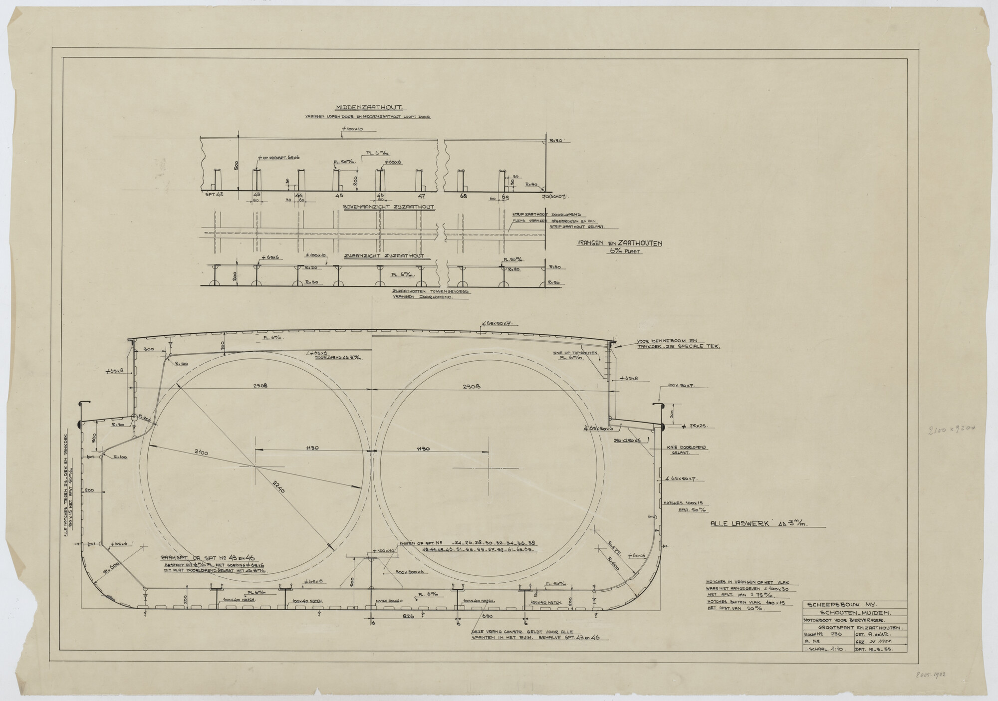 2005.1922; Grootspant en zaathout van het biertankschip "Gerritje"; technische tekening