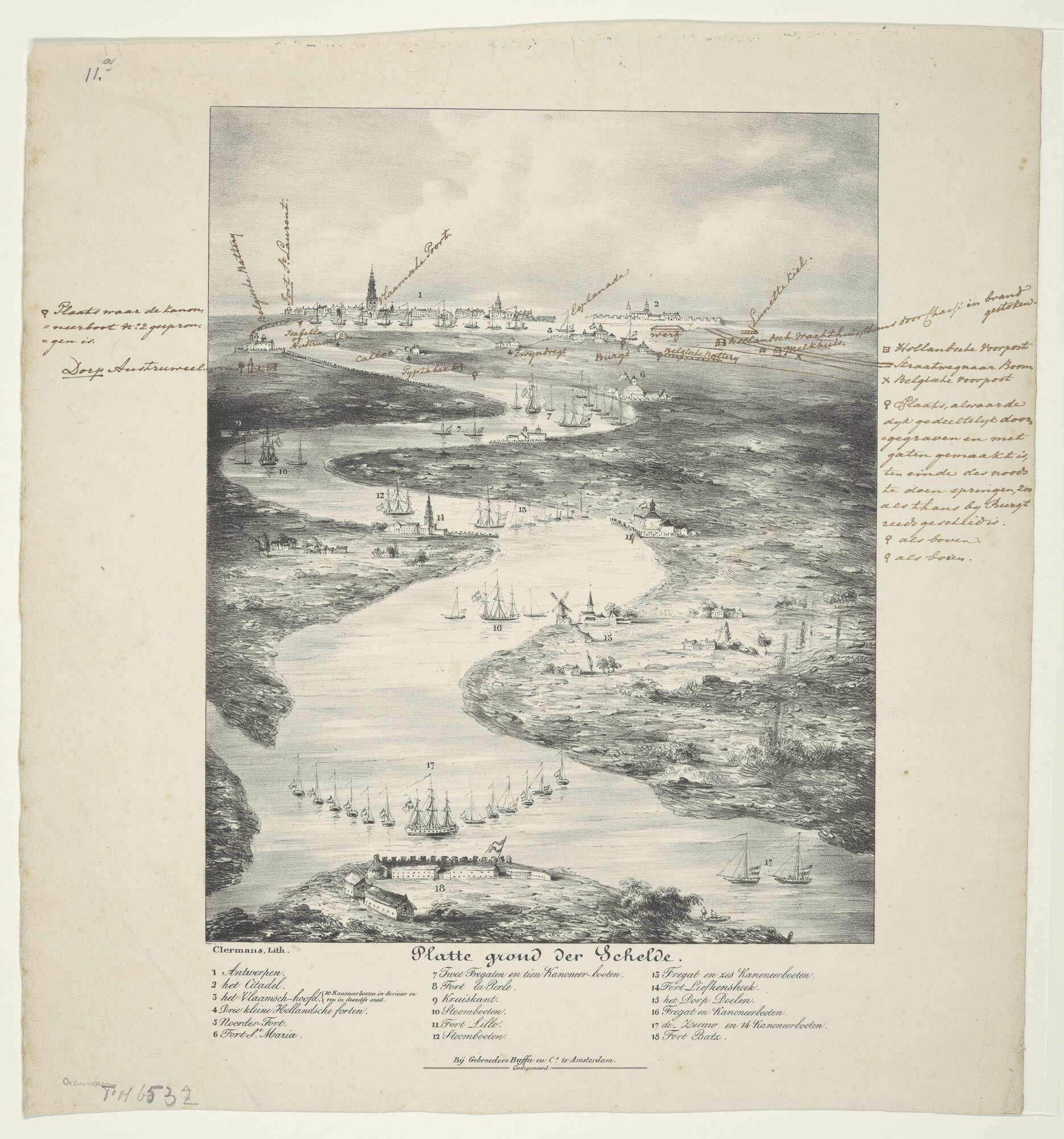 B.0209(17)08a; Plattegrond van de Schelde van de positie van de schepen, in 1830; prent