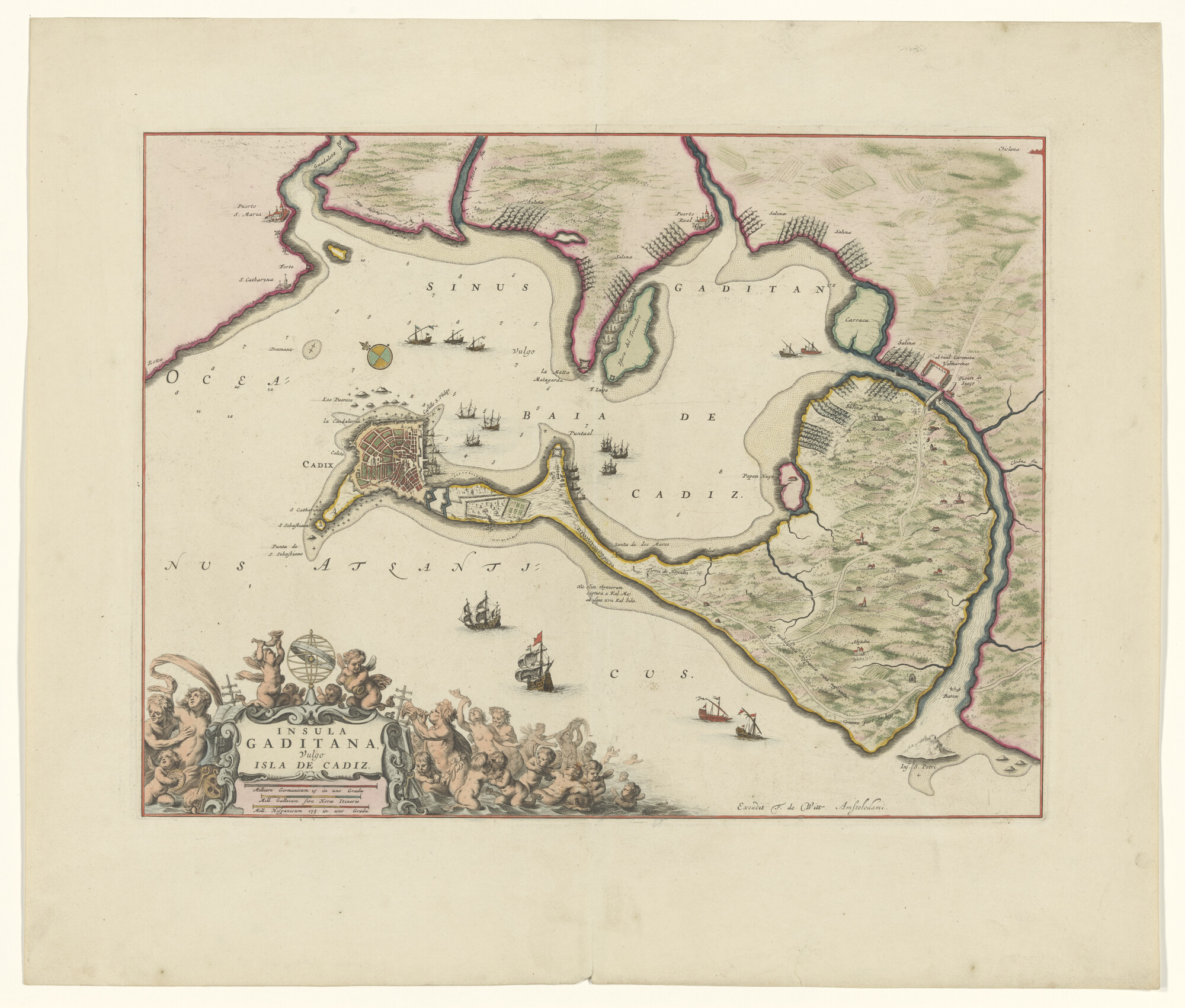 A.3654(01); Met de hand gekleurde kaart van het eiland van Cadiz, Spanje; landkaart