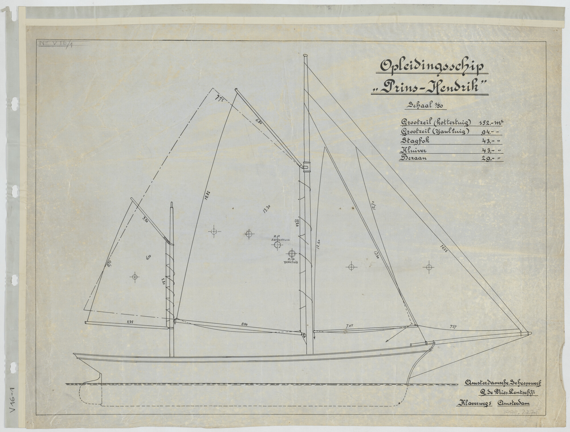 1999.2771; Zeilplan voor het opleidingsschip 'Prins Hendrik'; technische tekening