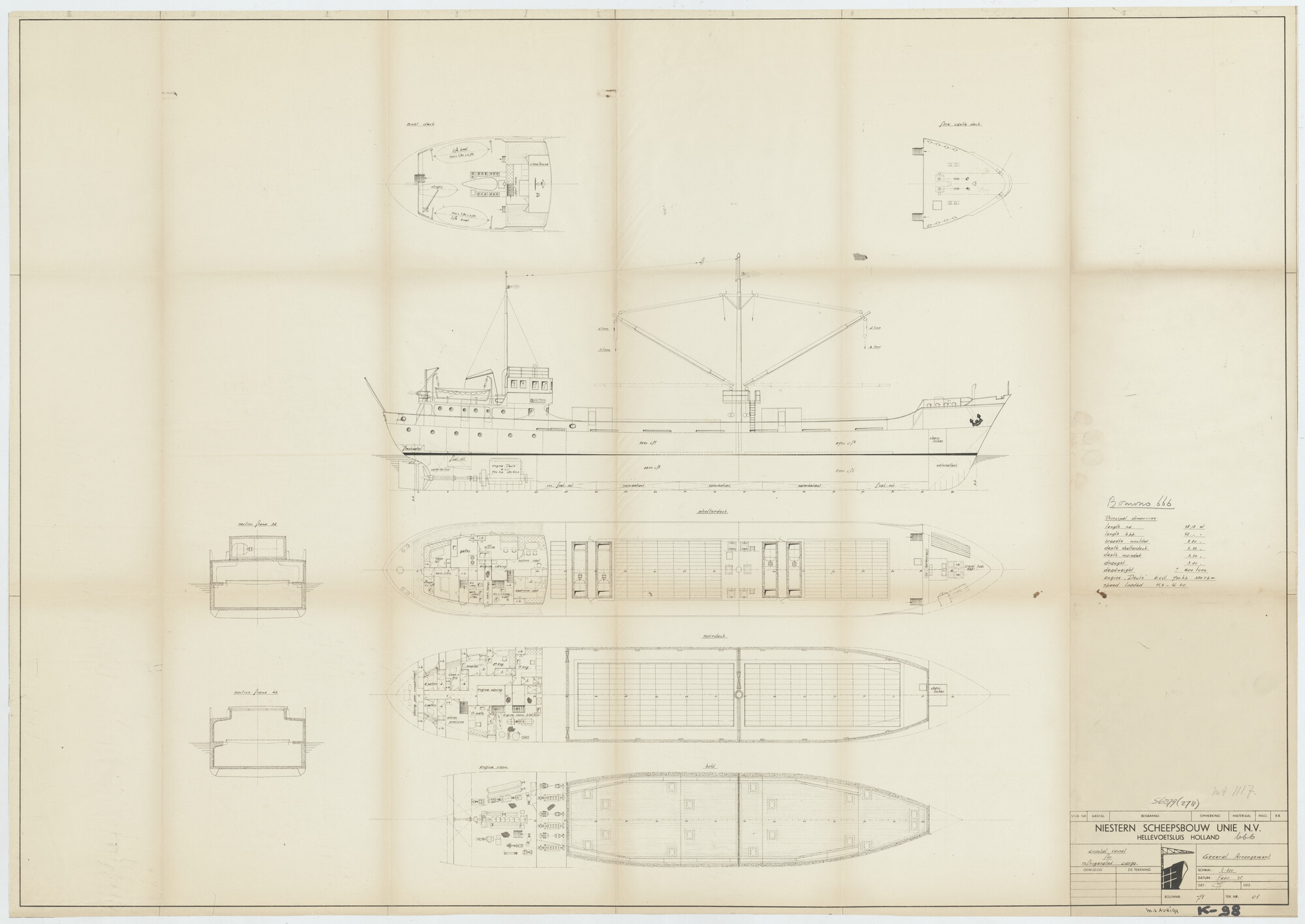 S.6879(278); Algemeen plan van een motorvrachtschip; technische tekening