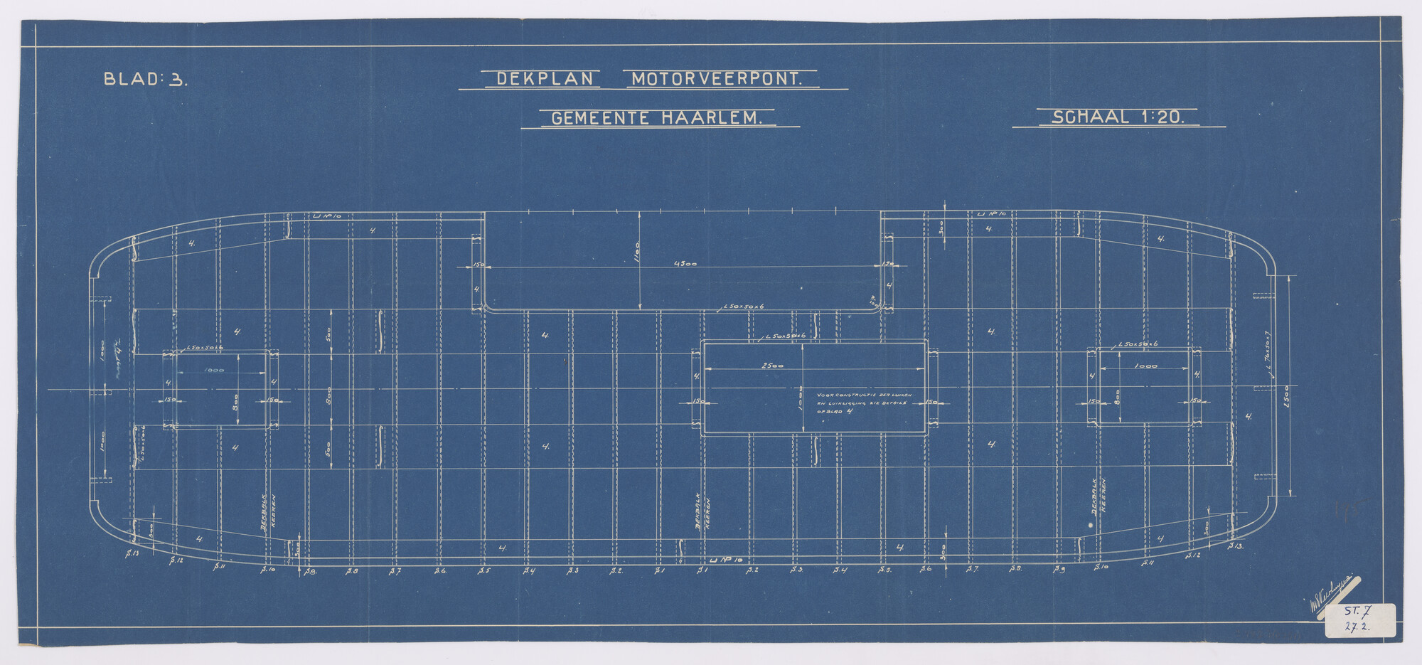 S.4827(0751); Motorveerboot gemeente Haarlem: dekplan (constructieplan); technische tekening