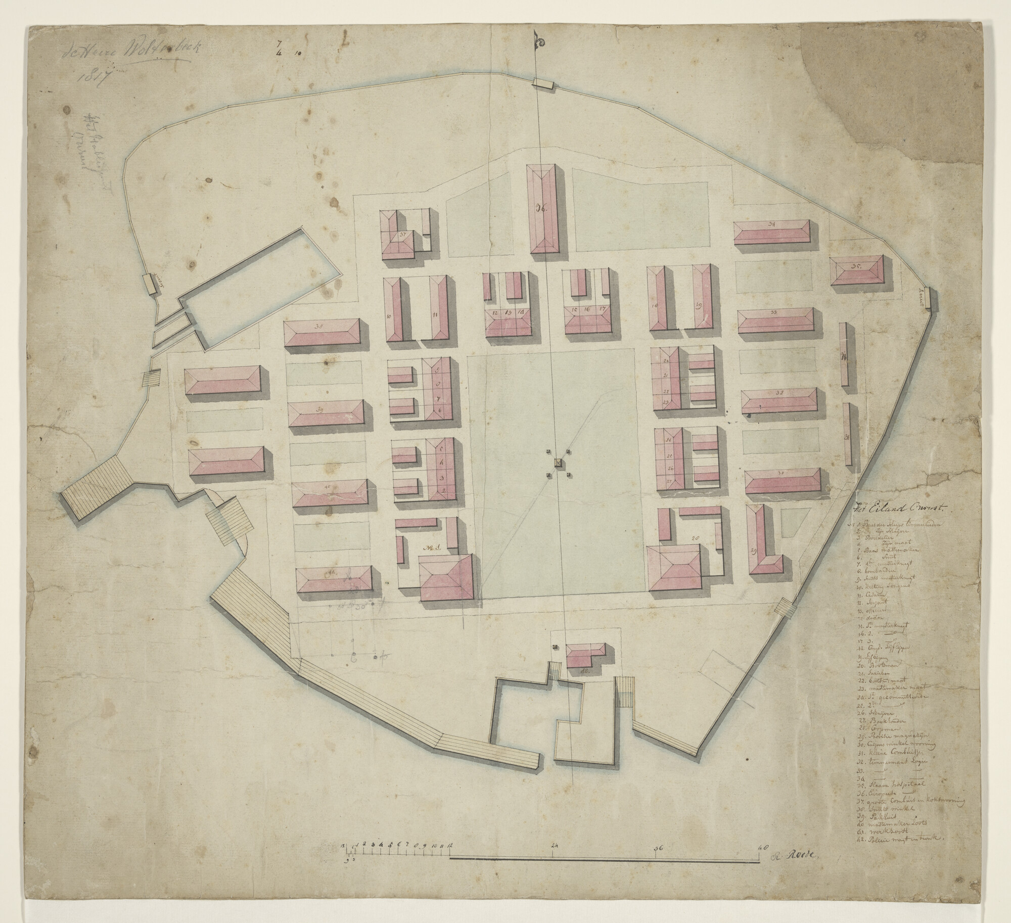 S.1277(08)1; Plattegrond van het eiland Onrust omstreeks 1817; tekening