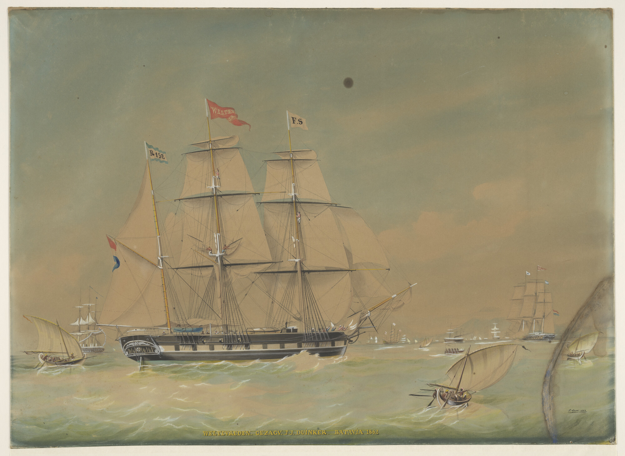A.0824(01); Het barkschip Weltevreden op de rede van Batavia; tekening