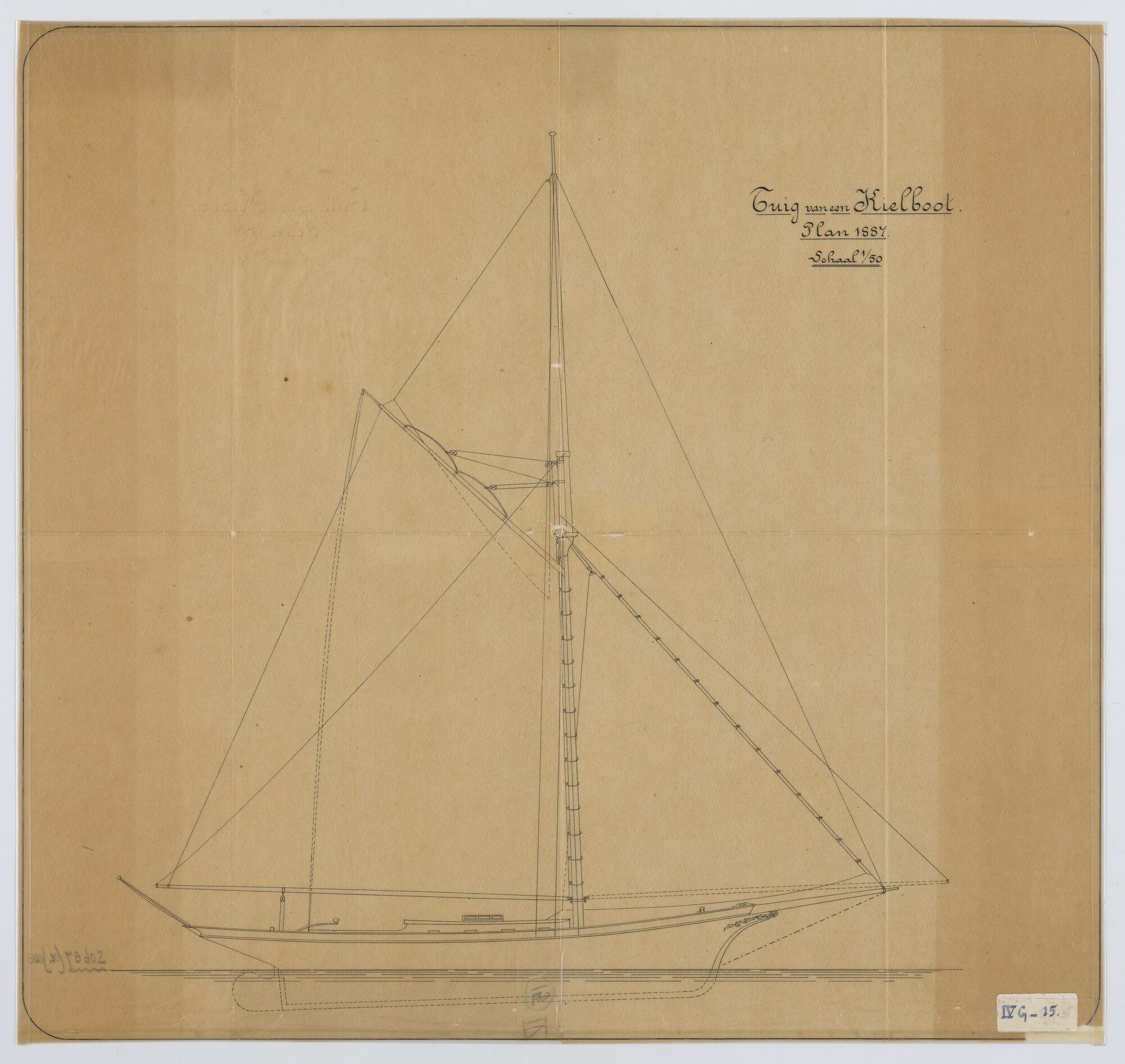 S.0687(02)033; Zijaanzicht met zeilplan van midzwaardjacht 'Nellie'; technische tekening