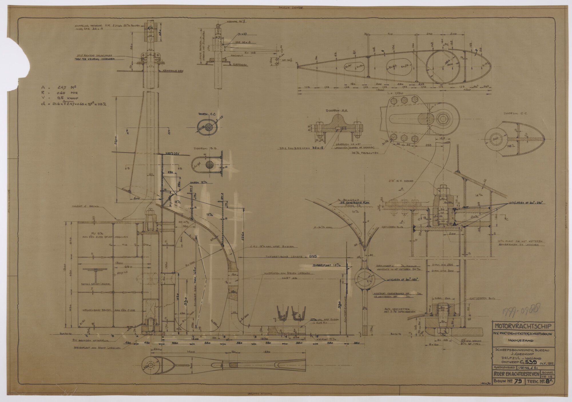 1999.0988; Roer en achtersteven van een motorvrachtschip; technische tekening